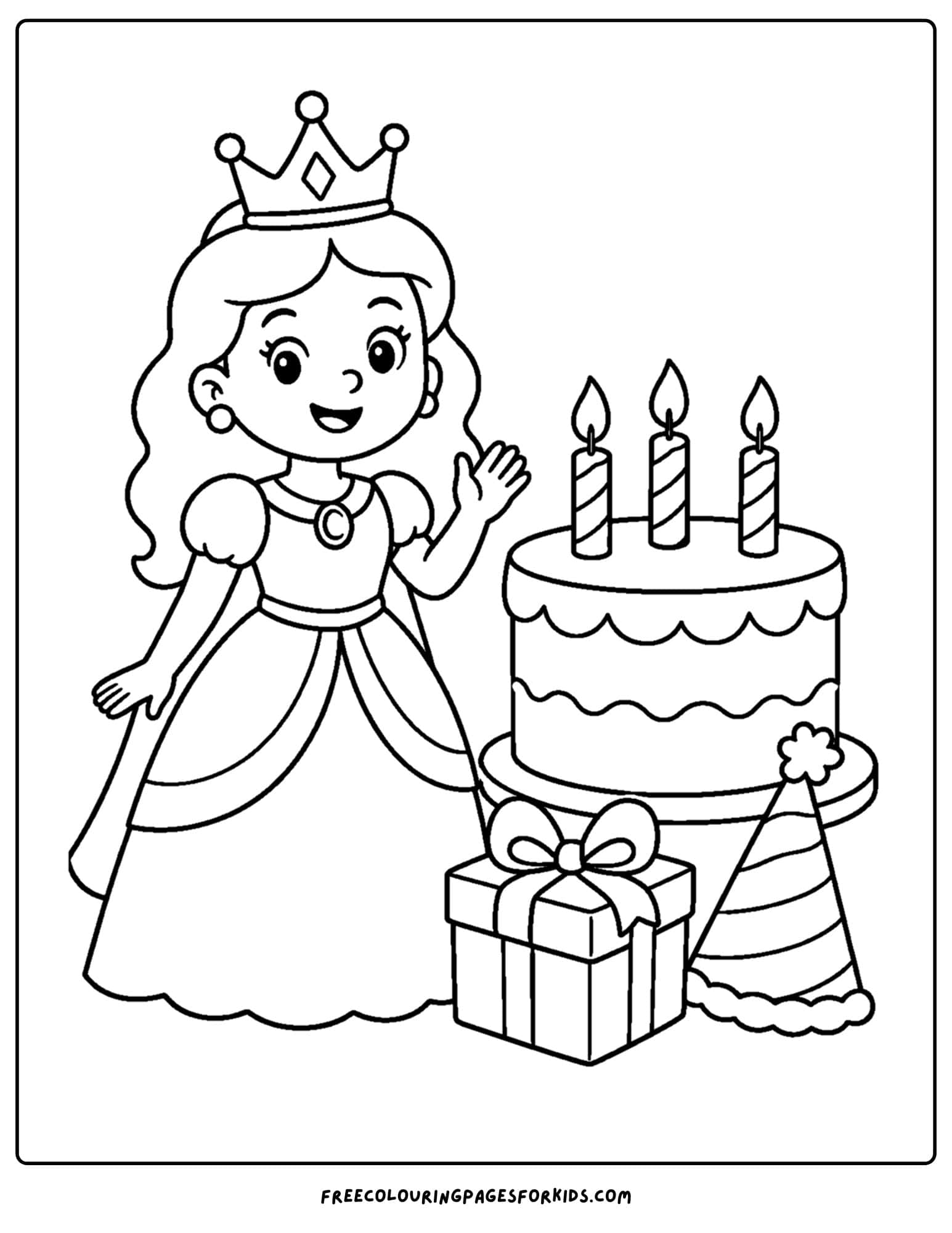 a coloring page of a queen with a big birthday cake