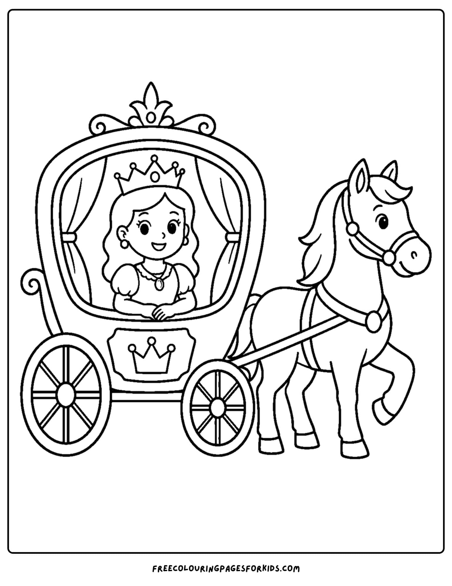 a coloring page of a queen riding in a royal carriage