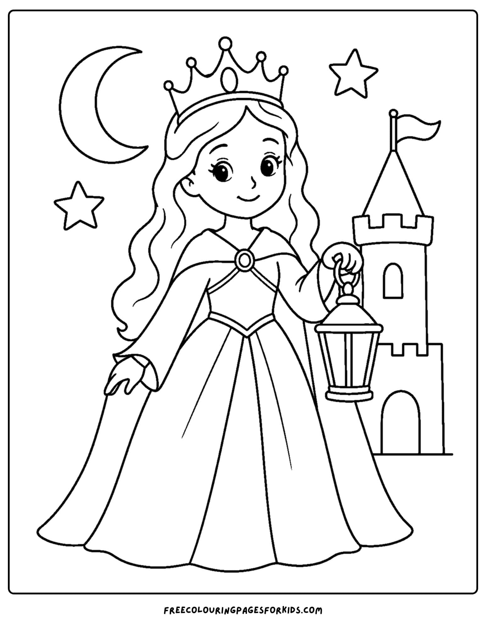 a coloring page of a queen carrying a lantern at night