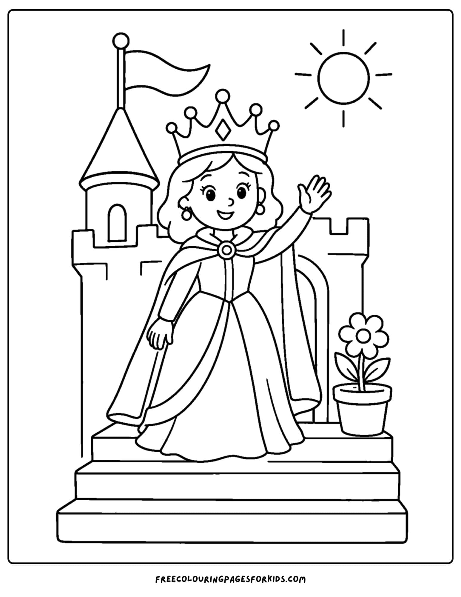 a coloring page of a queen waving from the castle steps