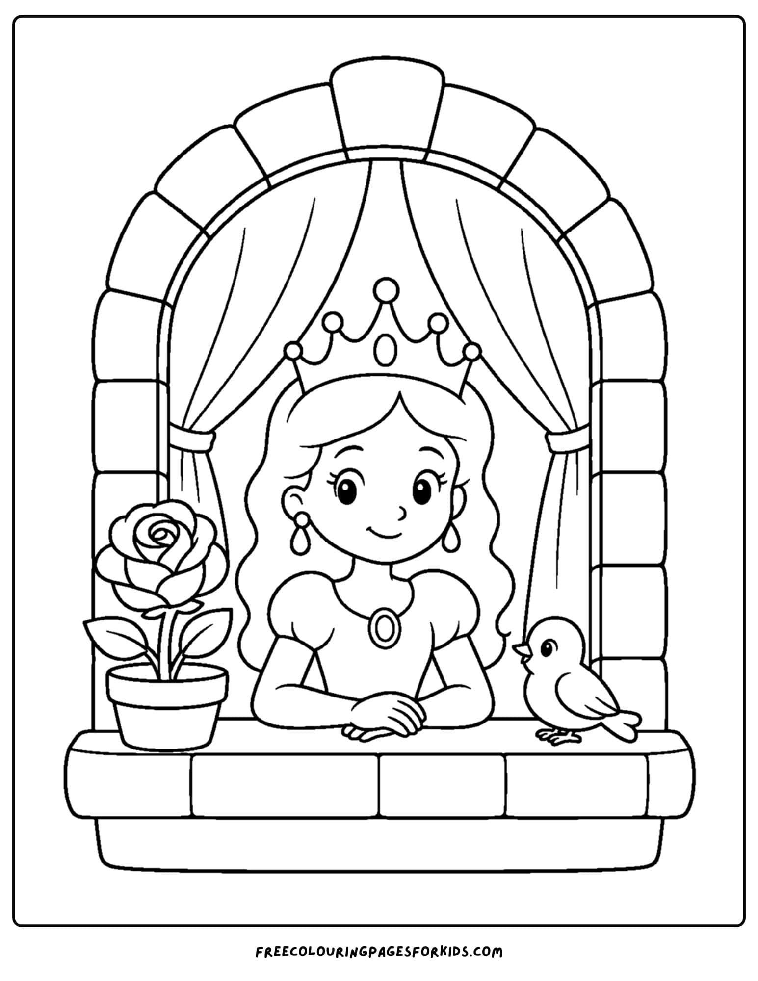 a coloring page of a queen standing in a castle window