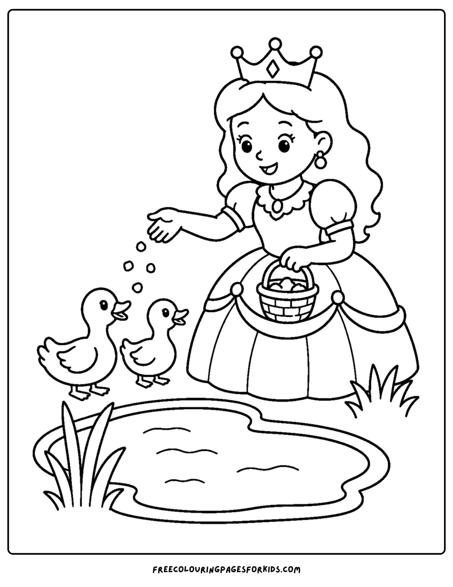 a coloring page of a queen feeding ducks