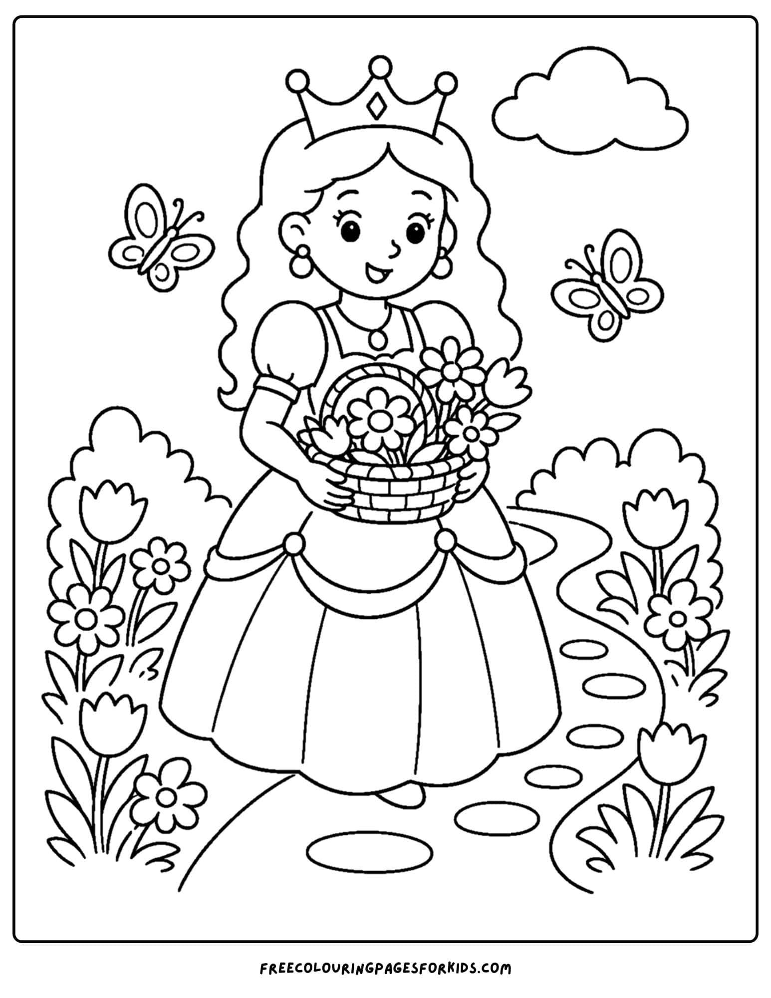 a coloring page of a queen holding a basket of flowers