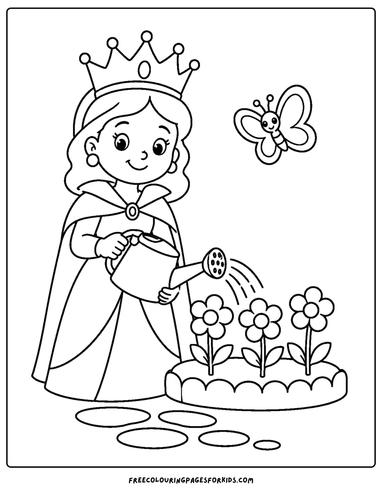 a coloring page of a queen watering the garden