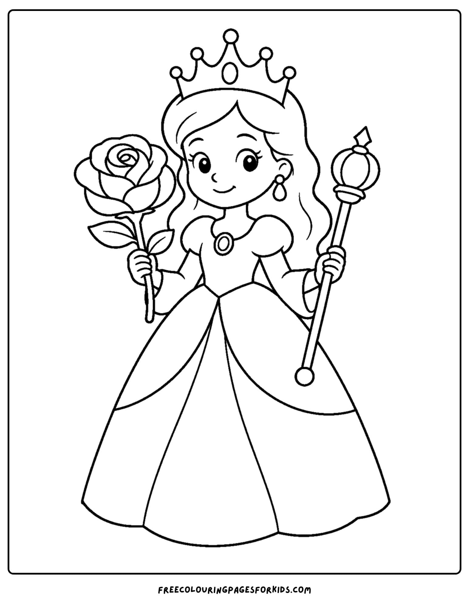 a coloring page of a queen holding a rose and scepter