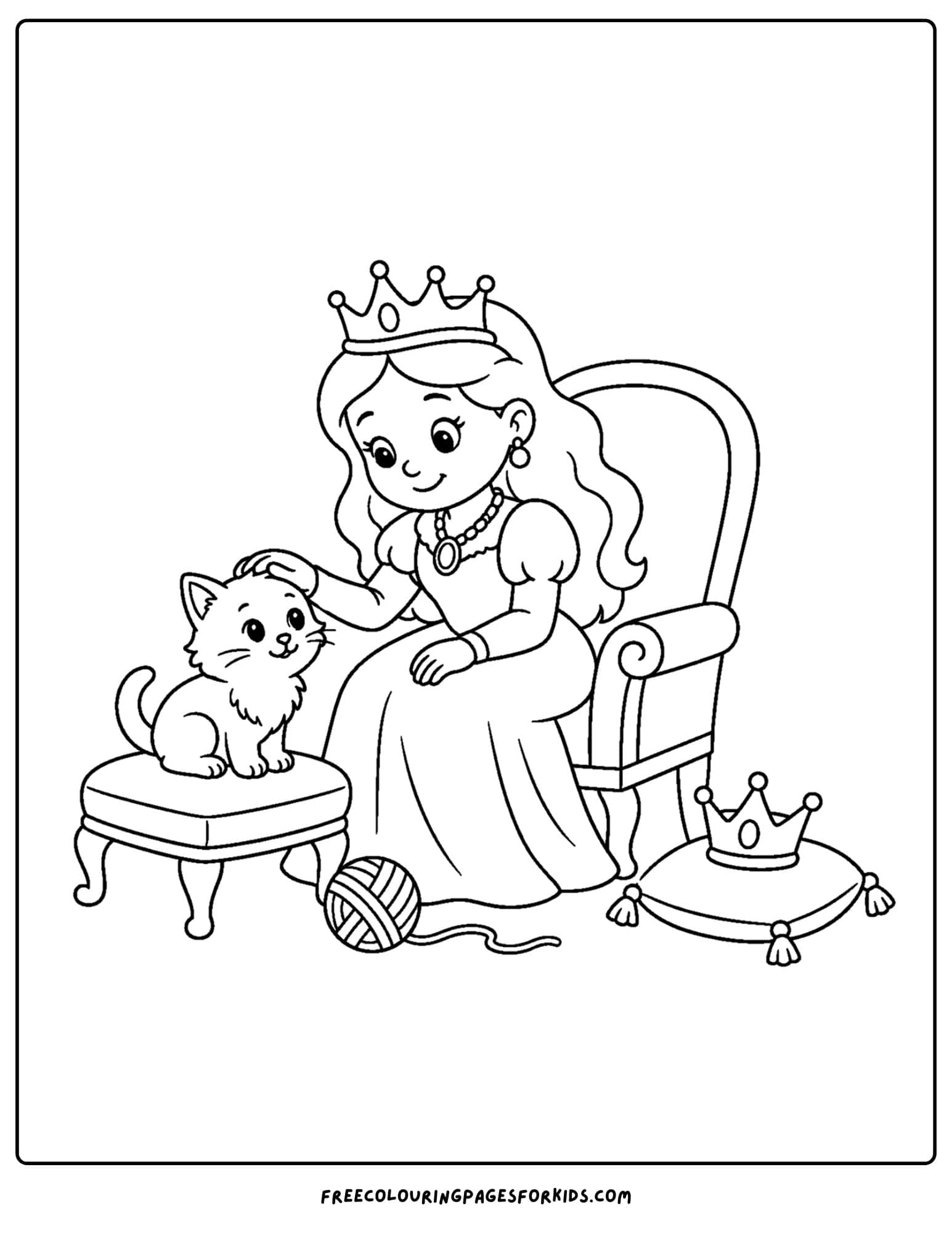 a coloring page of a queen with a cat sitting on a chair