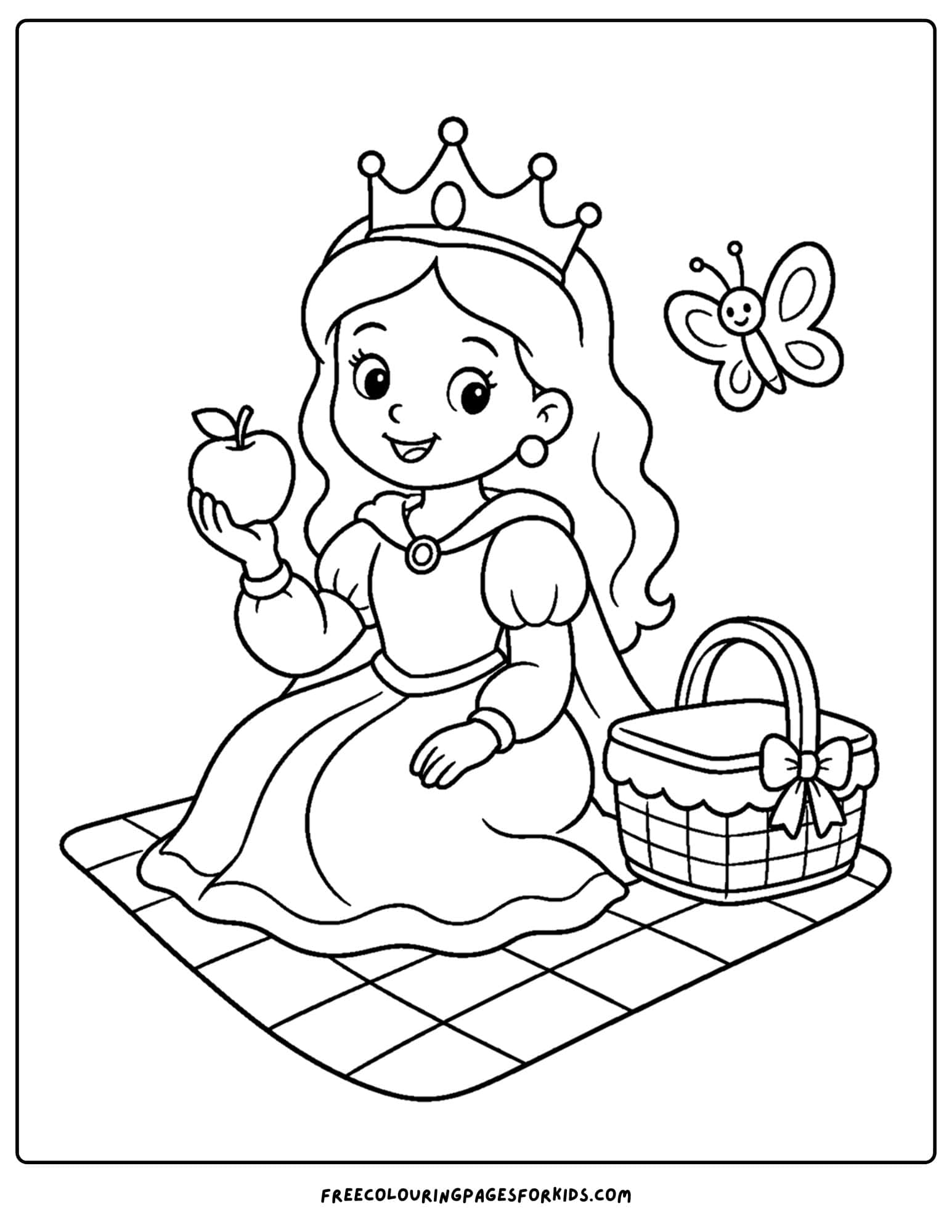 a coloring page of a queen having a picnic on a blanket