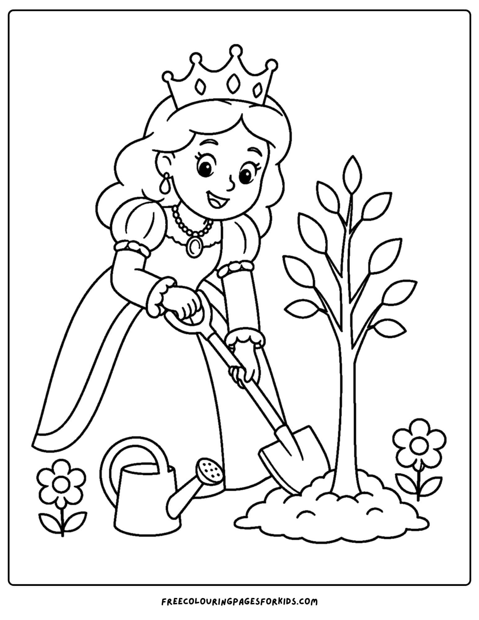 a coloring page of a queen planting a tree