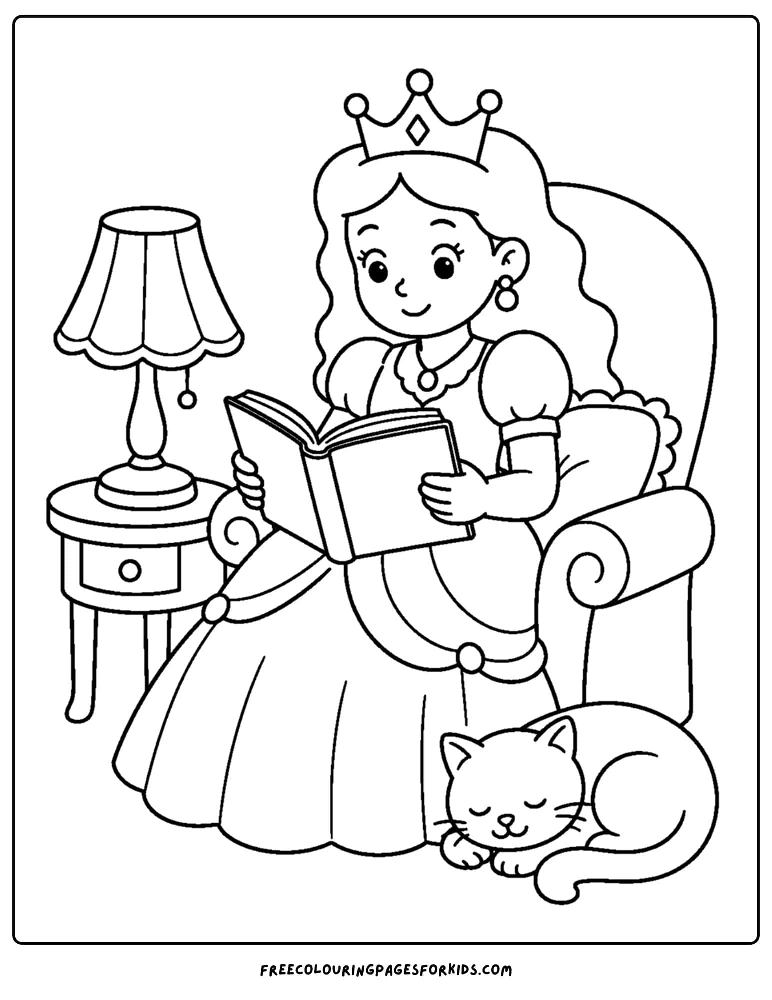 a coloring page of a queen sitting to read a book