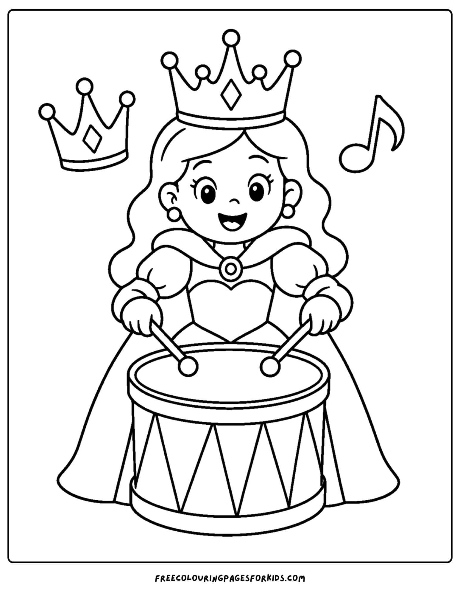 a coloring page of a queen playing the drums