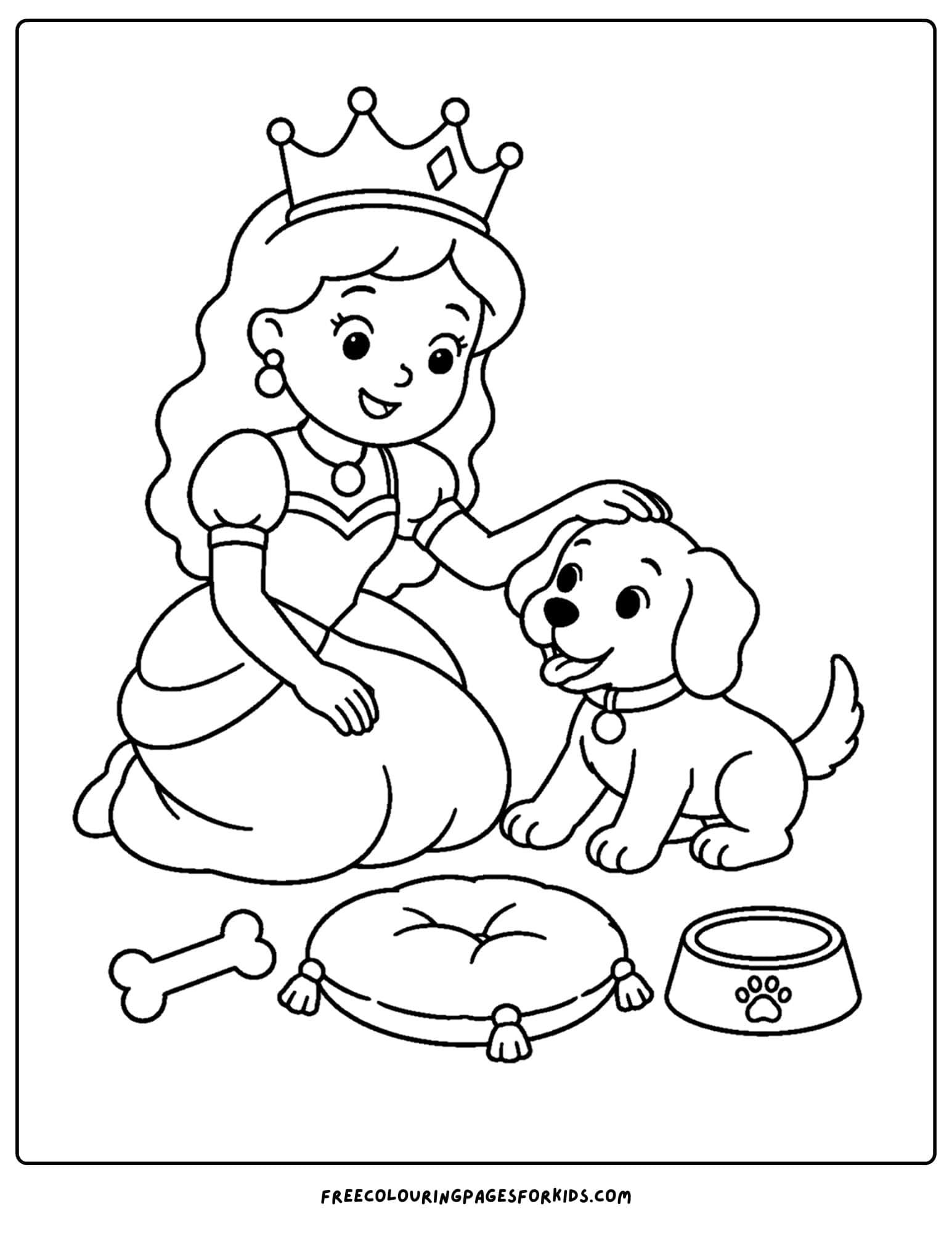 a coloring page of a queen with a dog