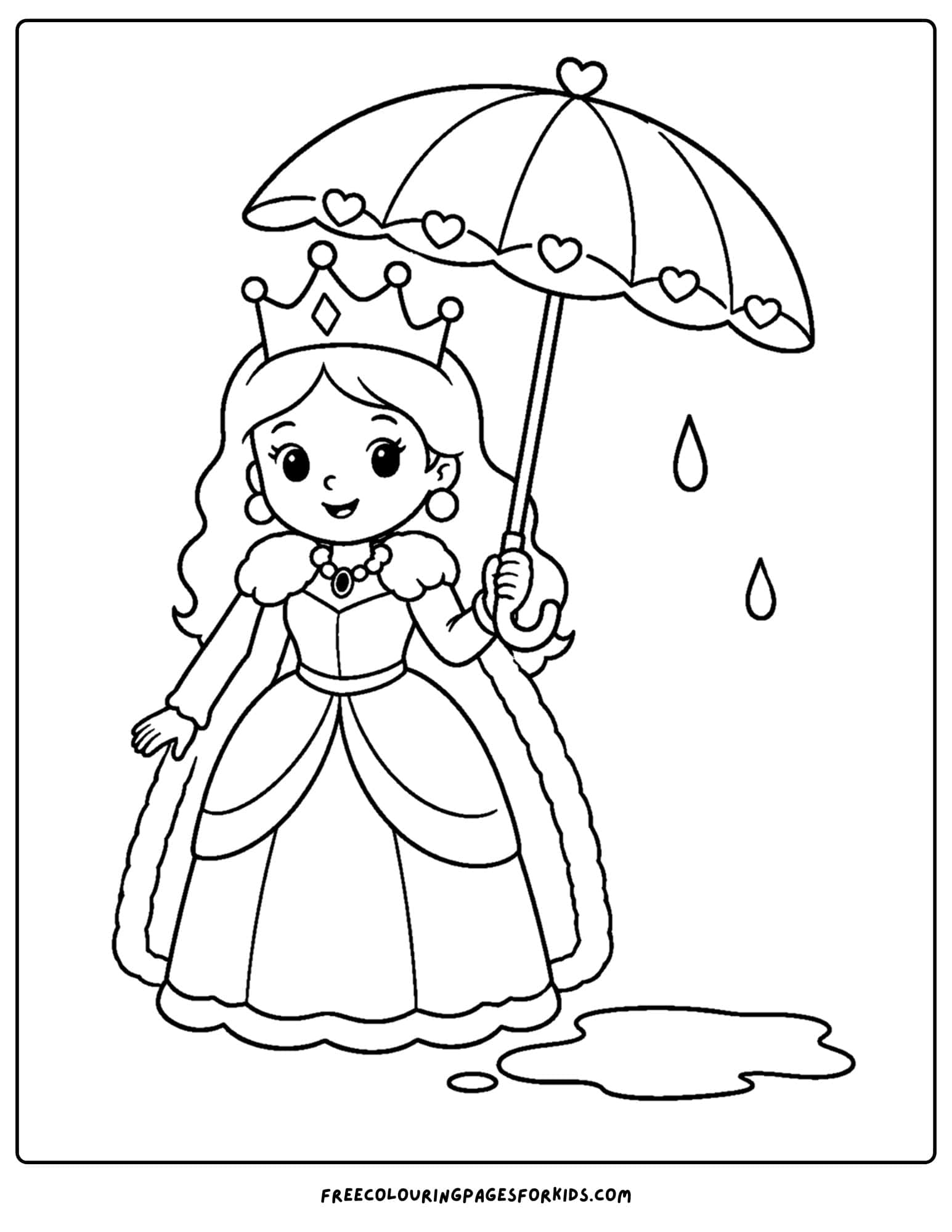 a coloring page of a queen holding an umbrella in the rain