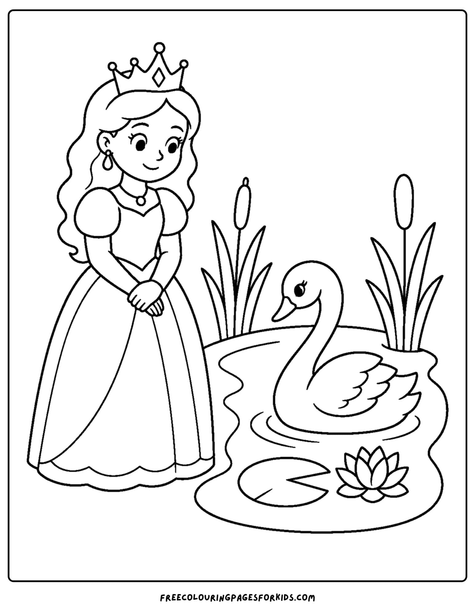 a coloring page of a queen watching a swan on a pond