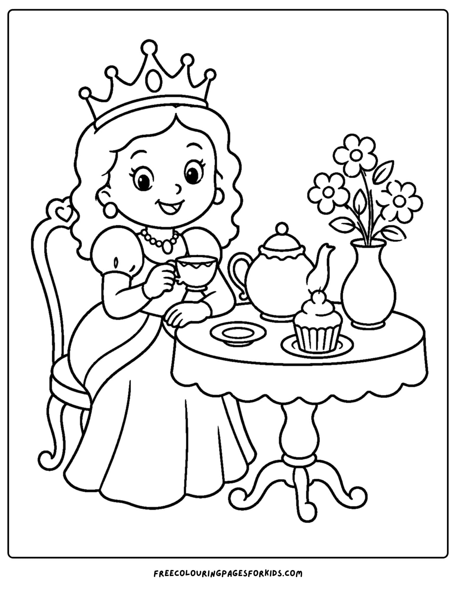 a coloring page of a queen sitting to have tea