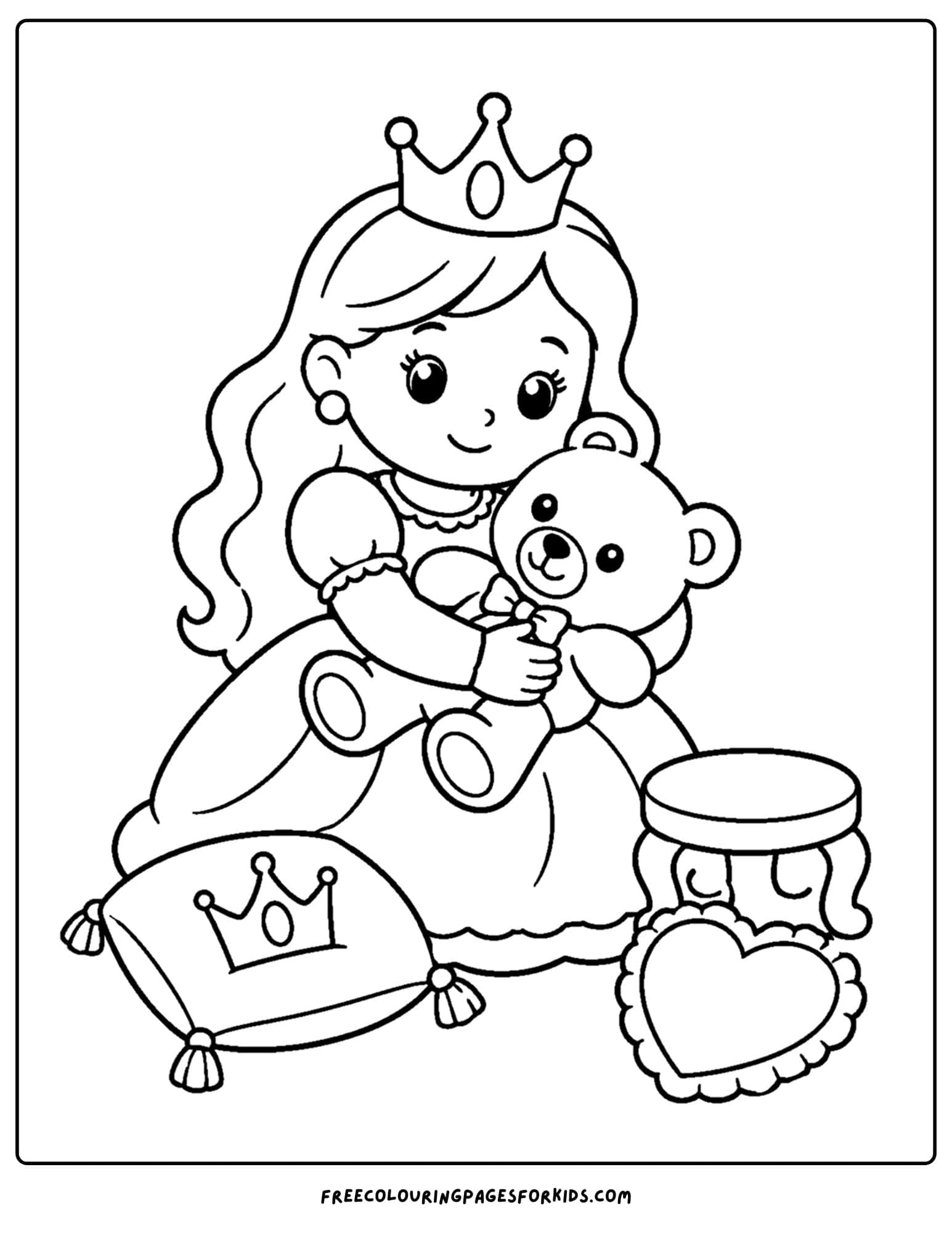 a coloring page of a queen holding a teddy bear