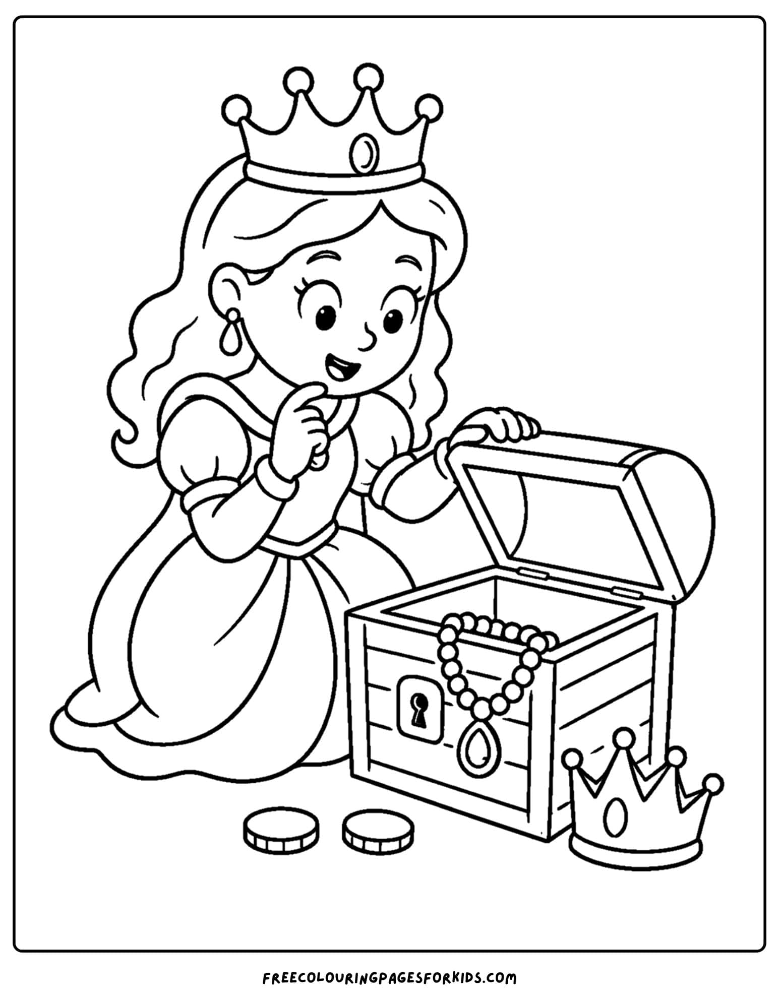 a coloring page of a queen opening a treasure chest