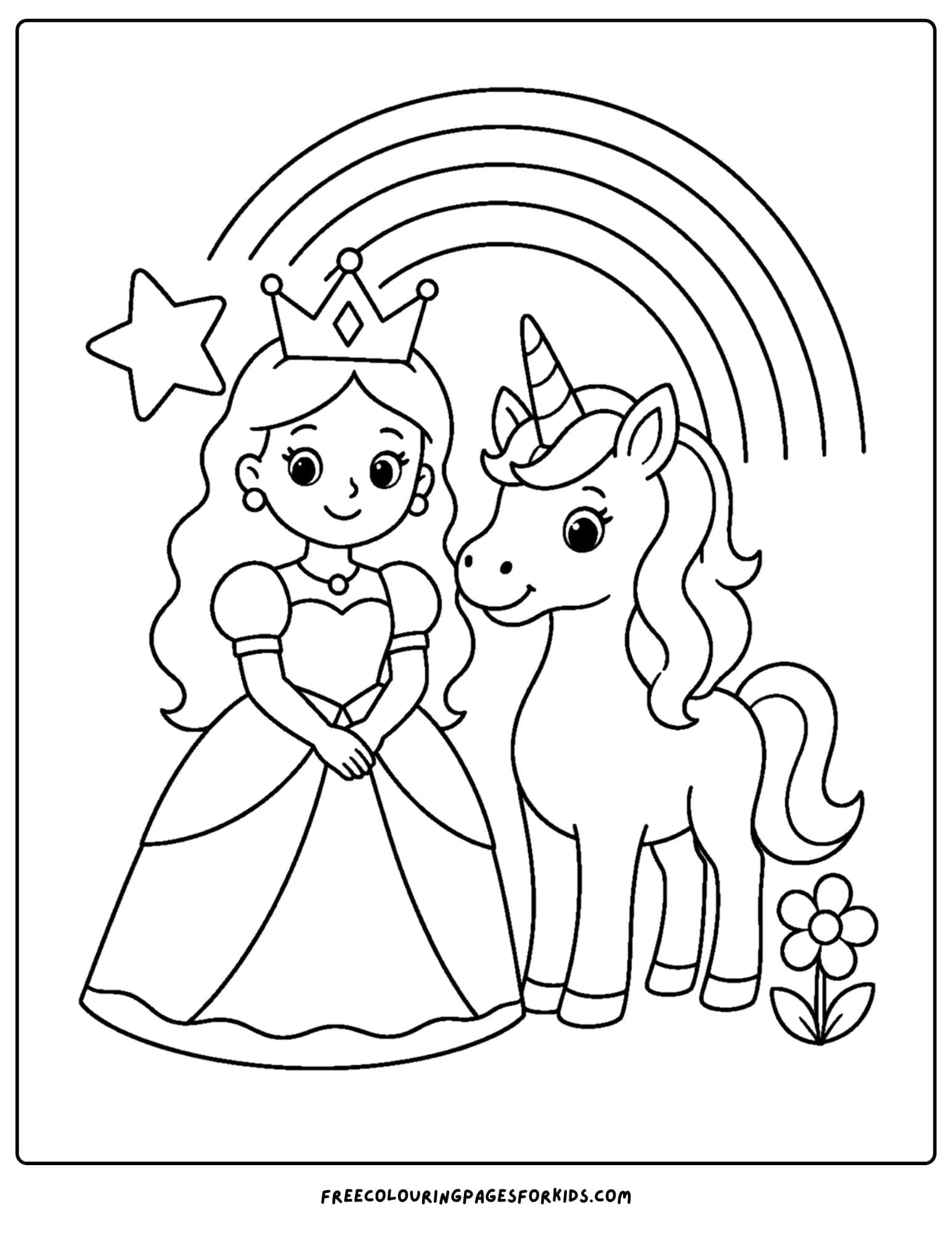 a coloring page of a queen with a unicorn friend