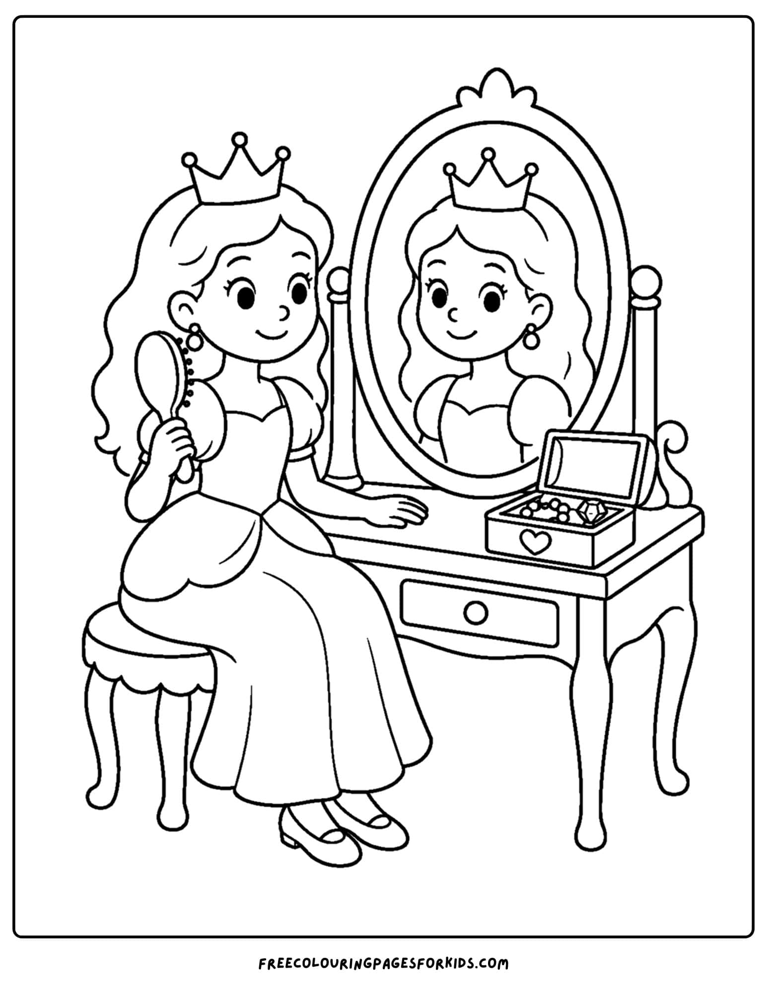 a coloring page of a queen sitting at a vanity mirror doing her hair
