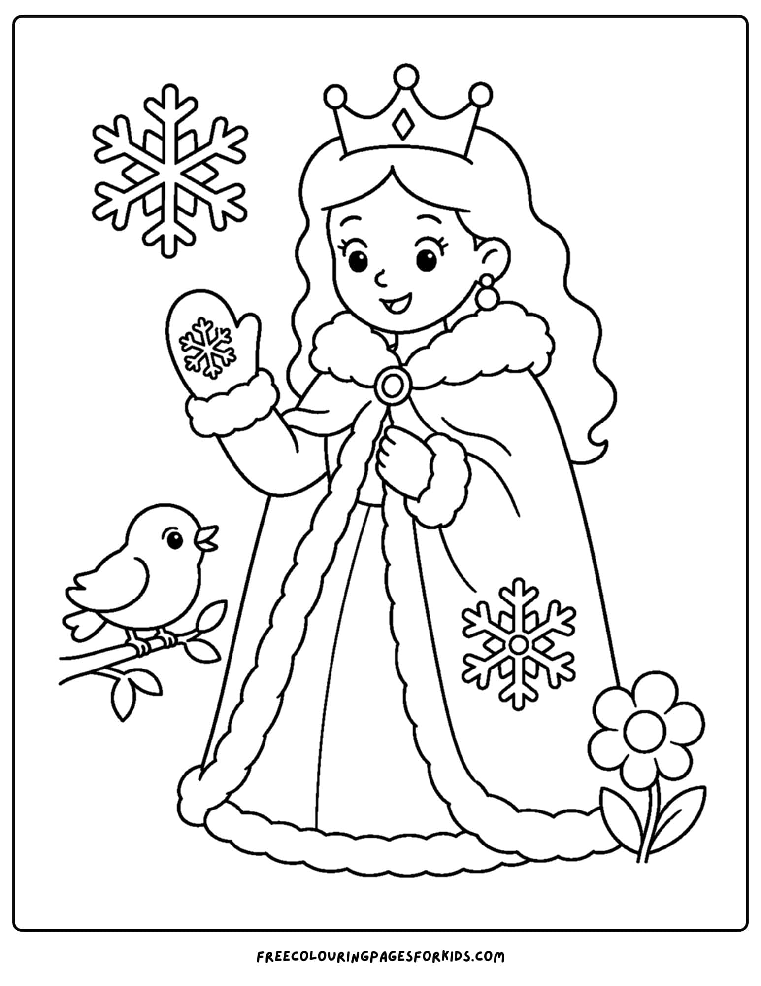 a coloring page of a queen wearing a winter cloak