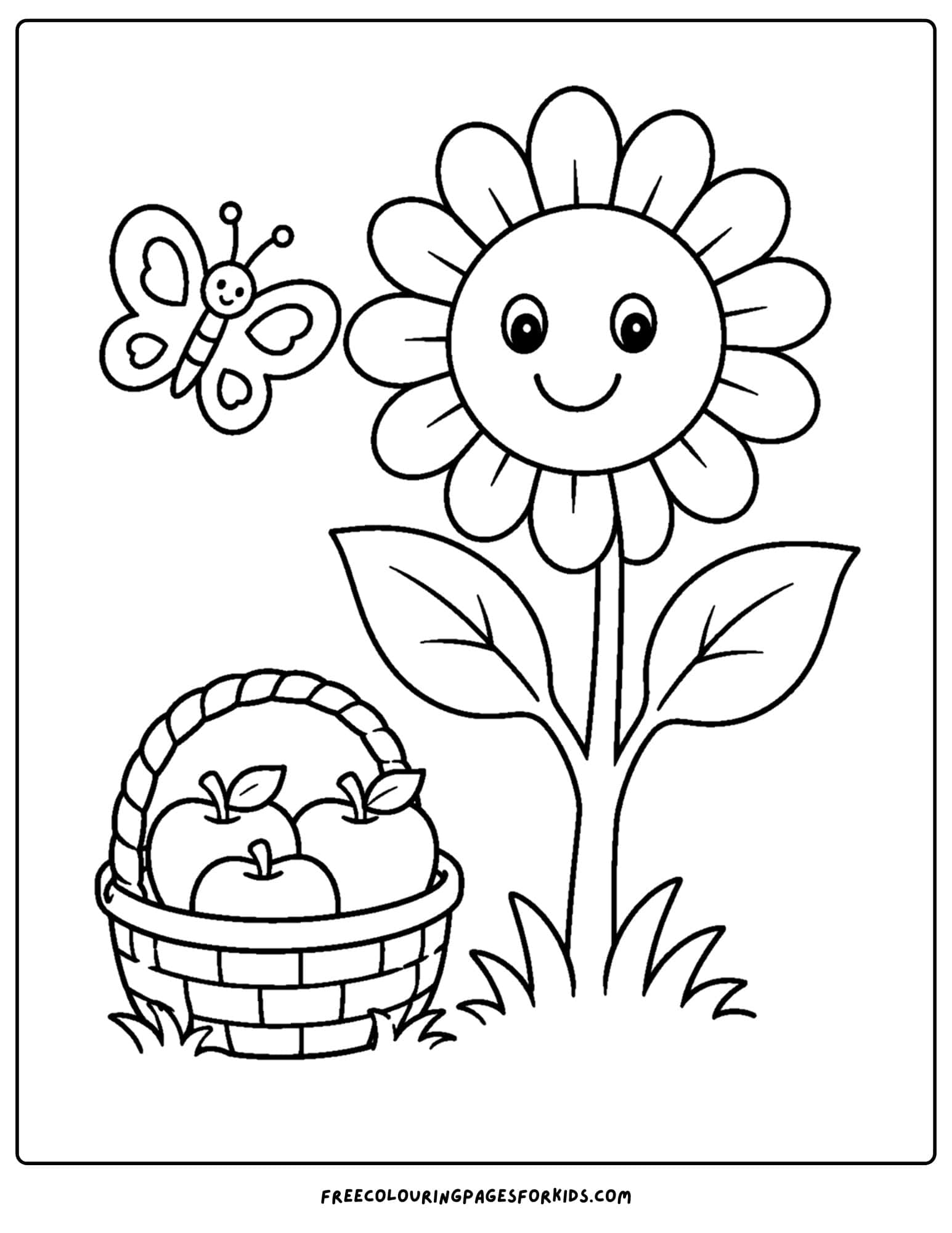 a coloring page of a sunflower next to a basket of apples