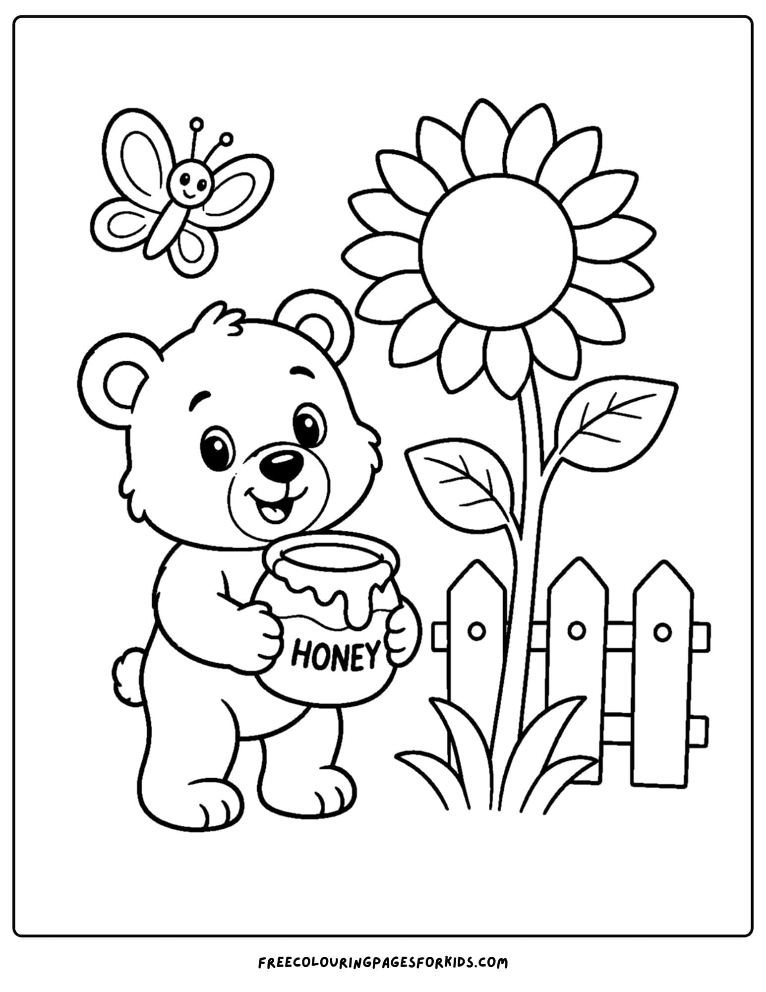 a coloring page of a sunflower next to a bear holding a honey pot