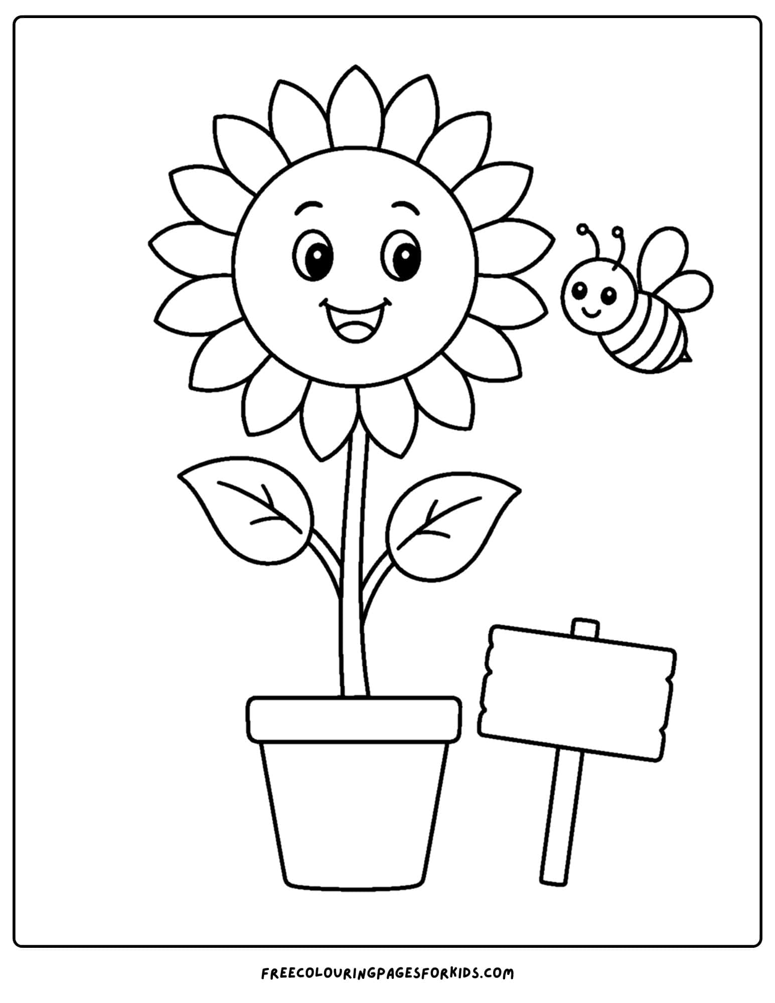 a coloring page of a sunflower with a bee and blank sign