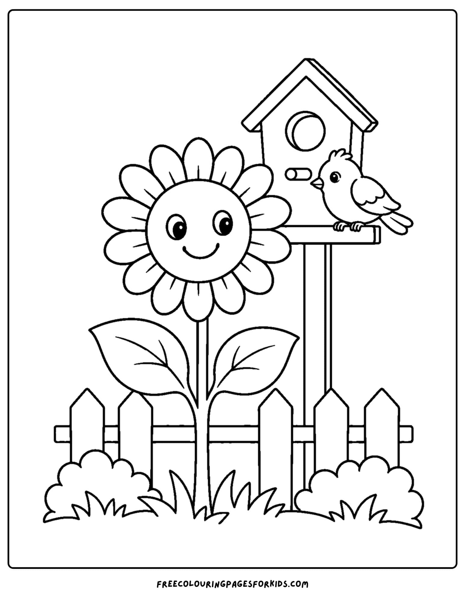 a coloring page of a sunflower growing next to a birdhouse and garden fence