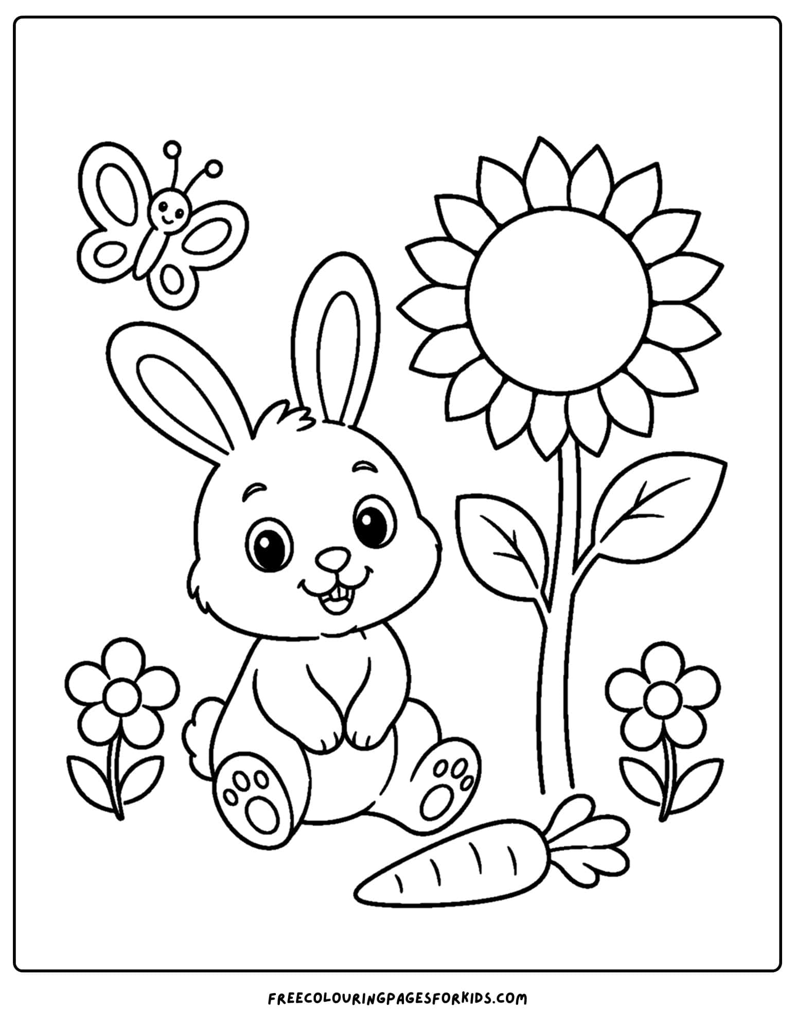 a coloring page of a sunflower next to a bunny and a carrot