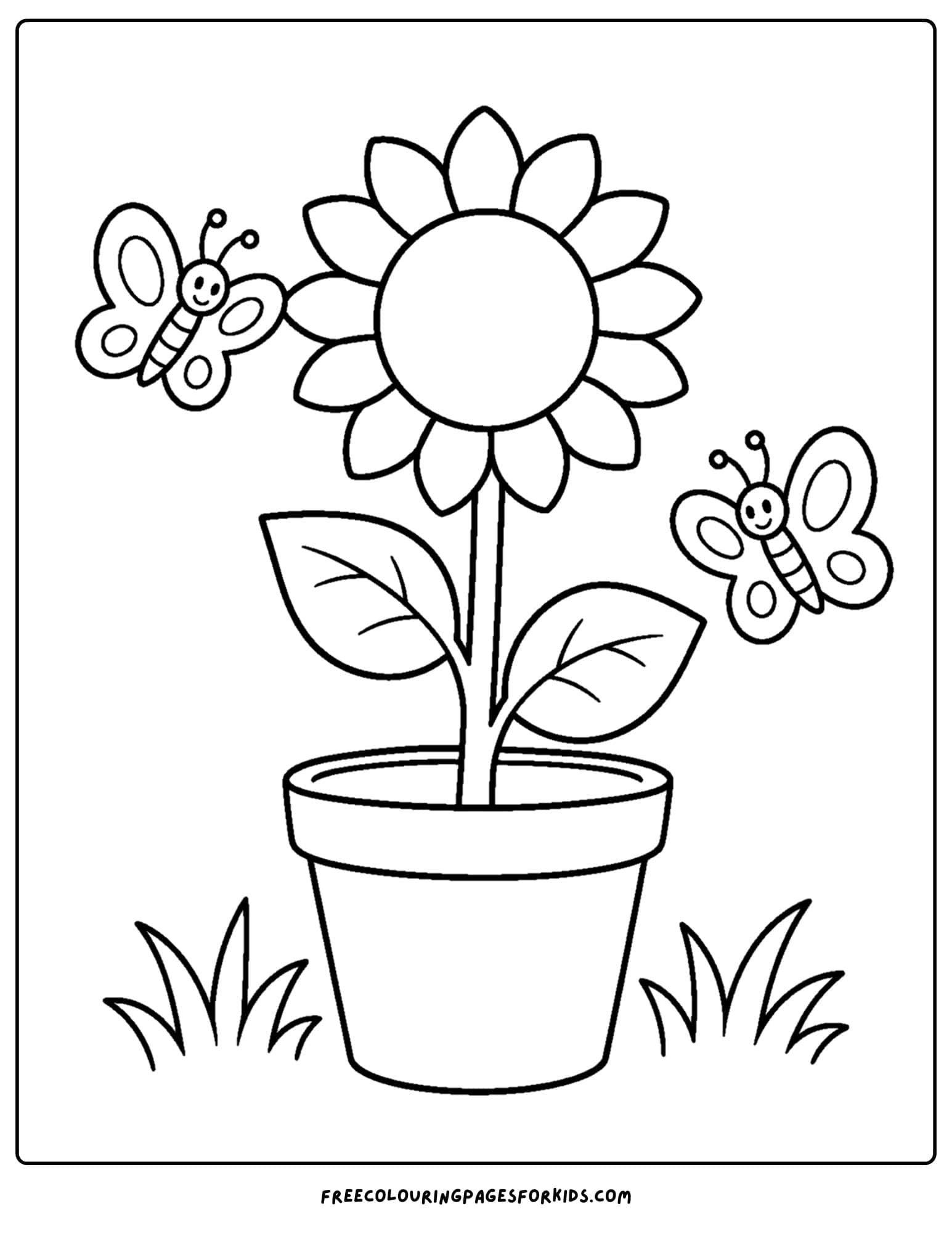 a coloring page of a sunflower with butterflies