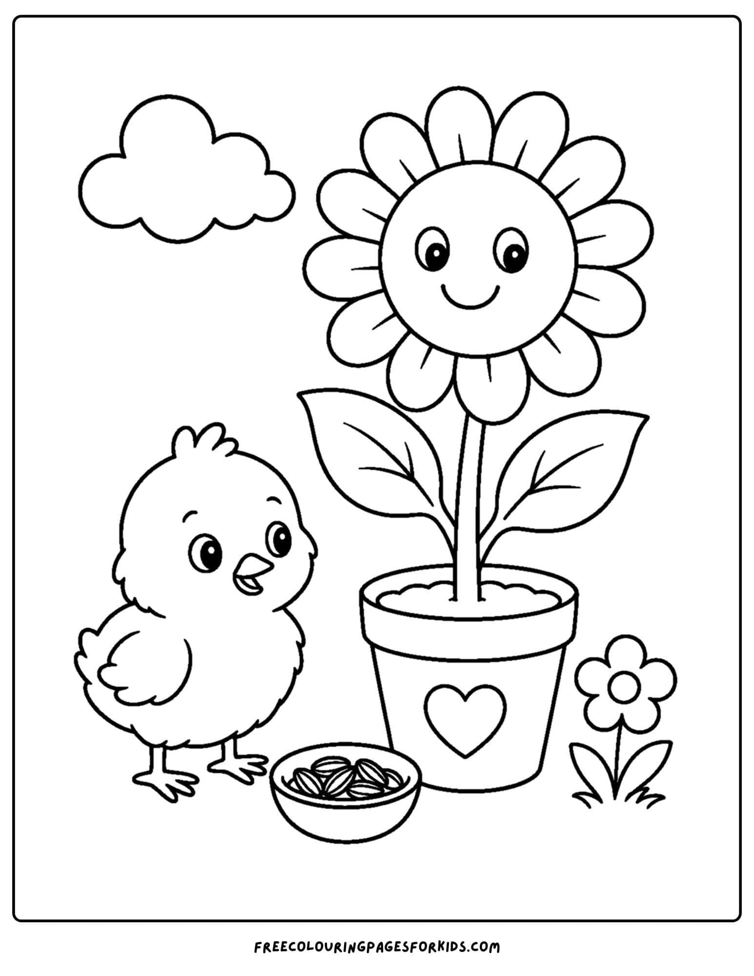 a coloring page of a sunflower next to a chick and a seed bowl