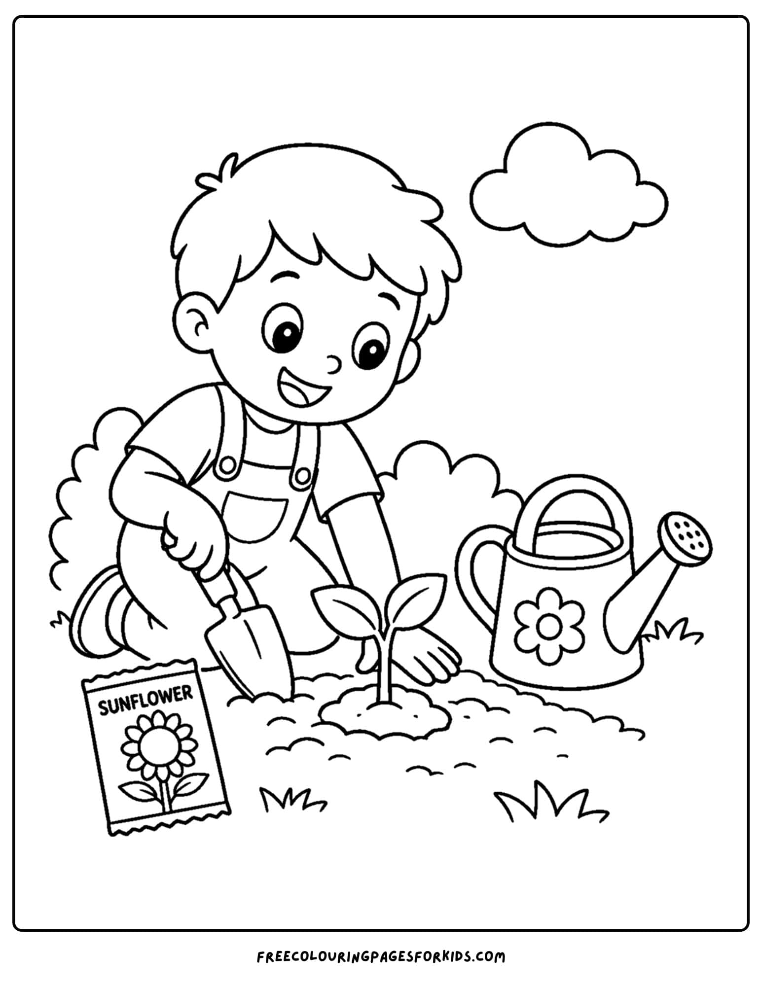 a coloring page of a child planting sunflower seeds in the garden