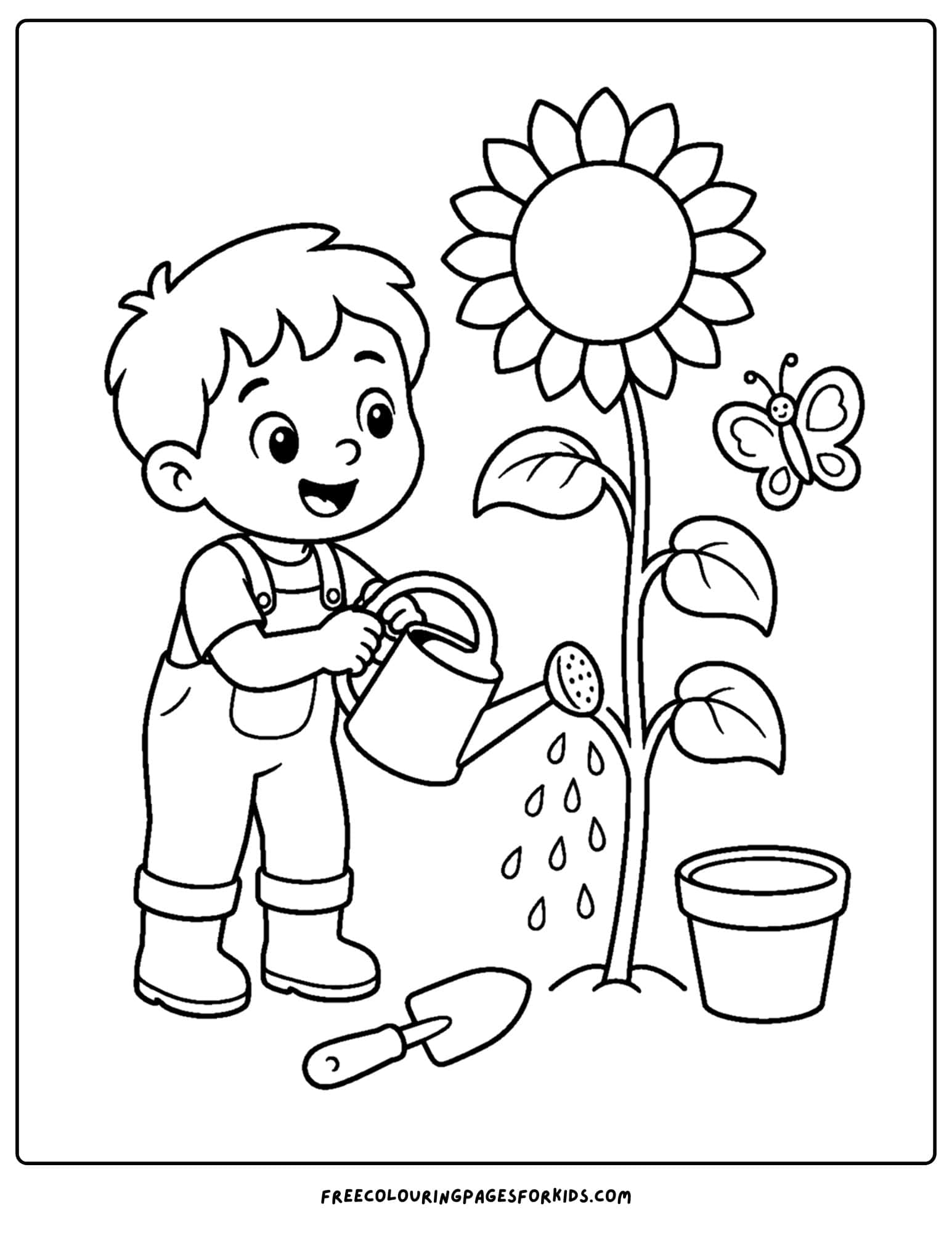 a coloring page of a child watering a sunflower