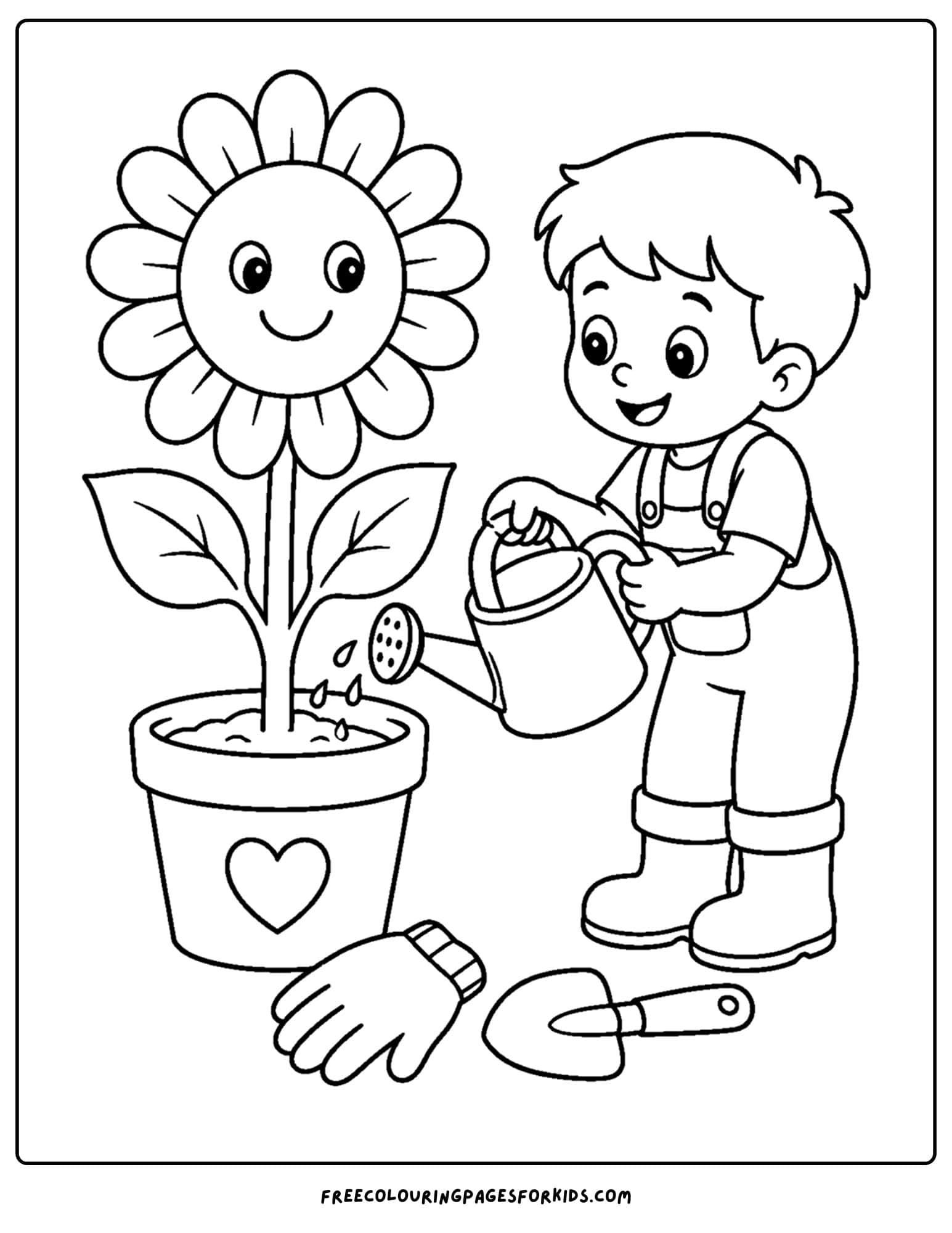 a coloring page of a sunflower in a pot being watered by a child