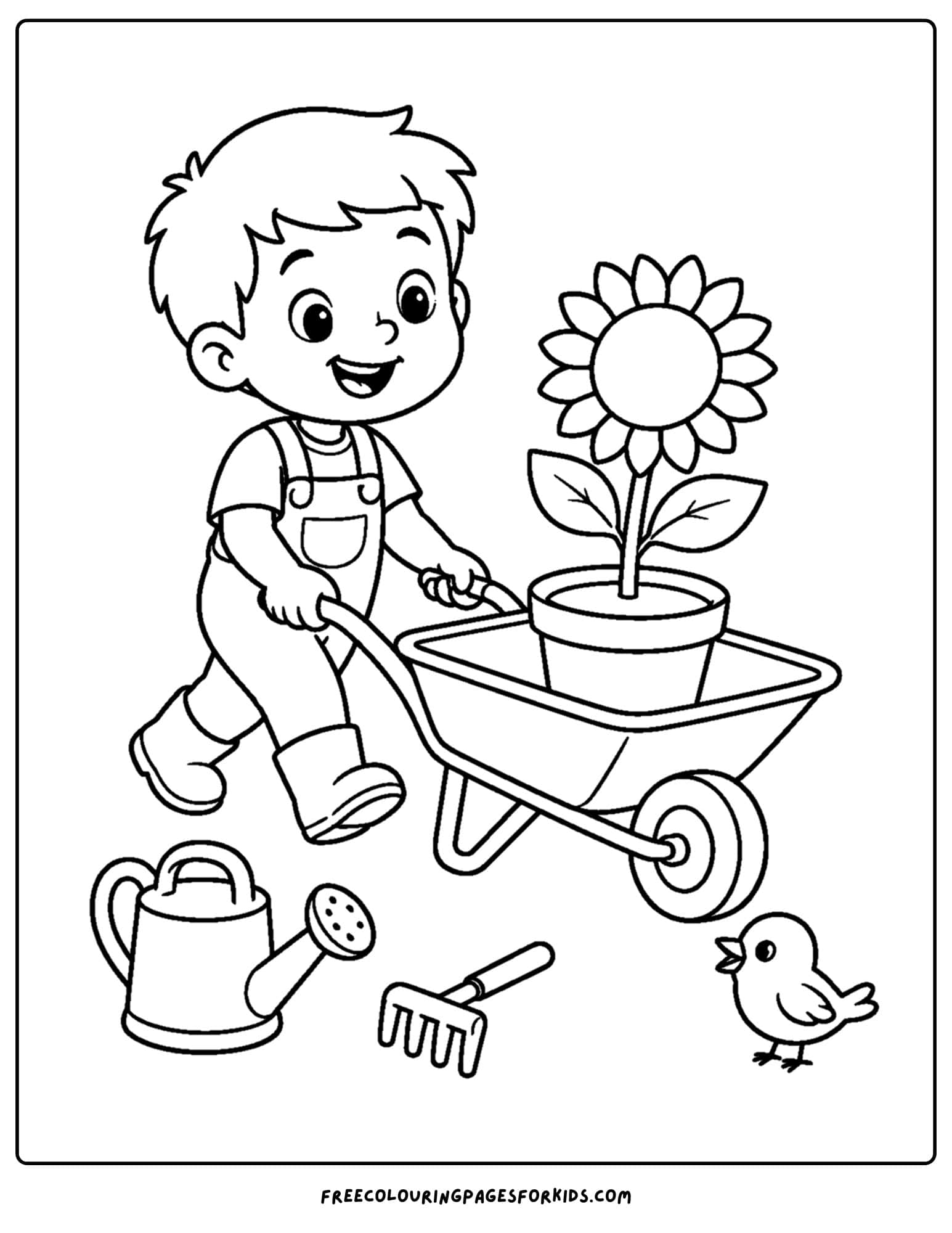 a coloring page of a sunflower being moved in a wheelbarrow by a child