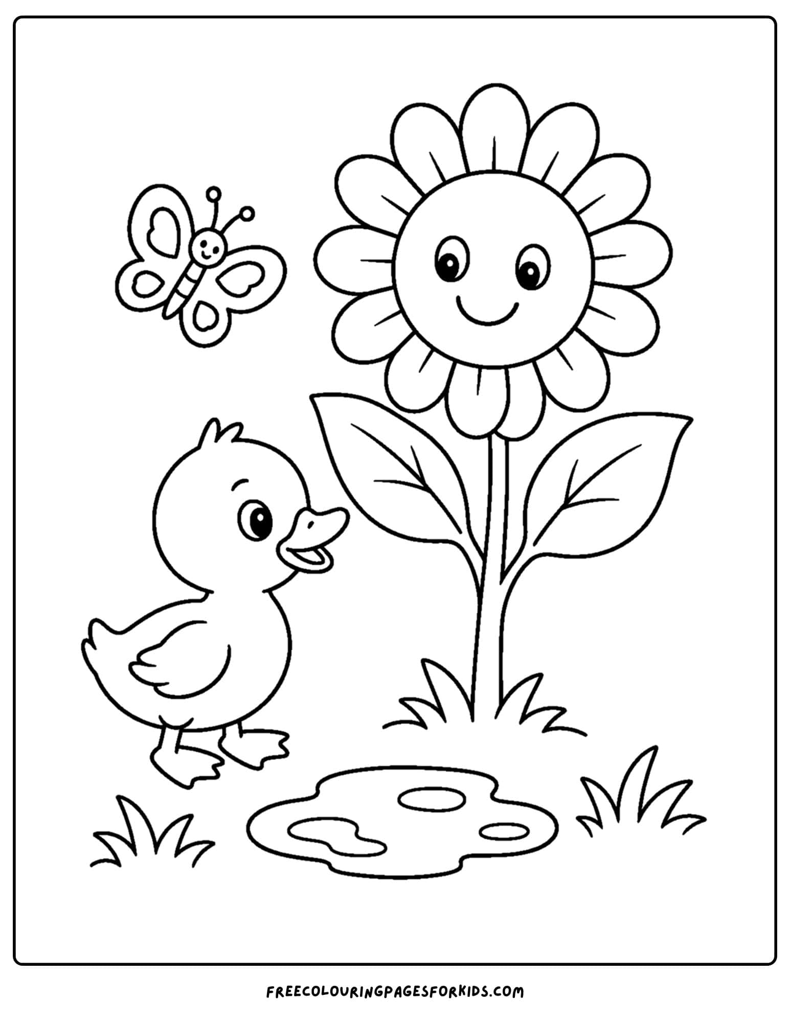 a coloring page of a sunflower next to a duckling