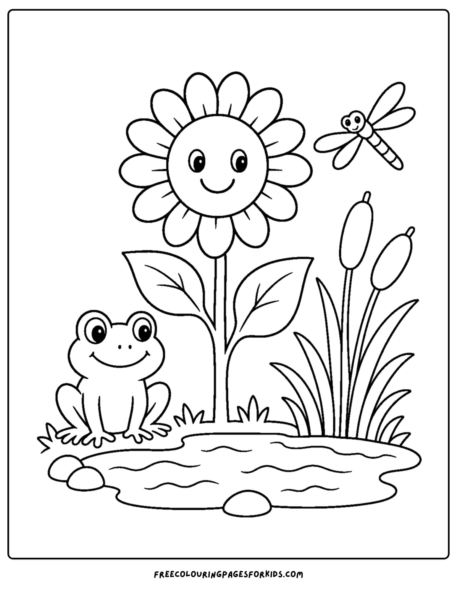 a coloring page of a sunflower growing next to a pond with a frog