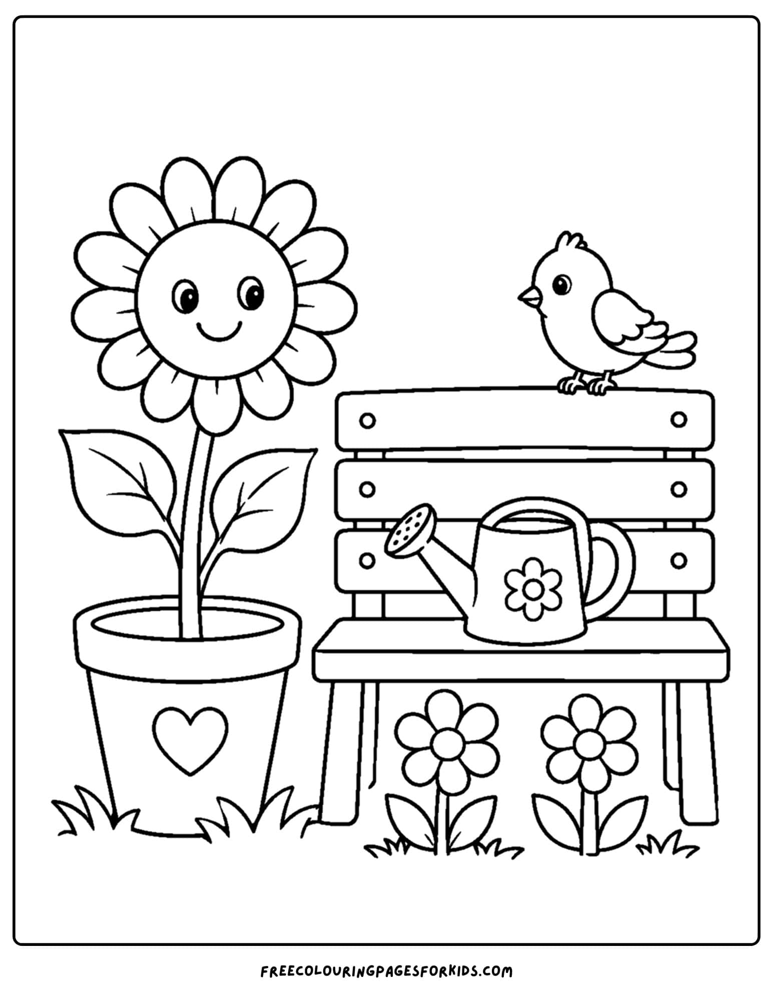 a coloring page of a sunflower in a pot next to a garden seat