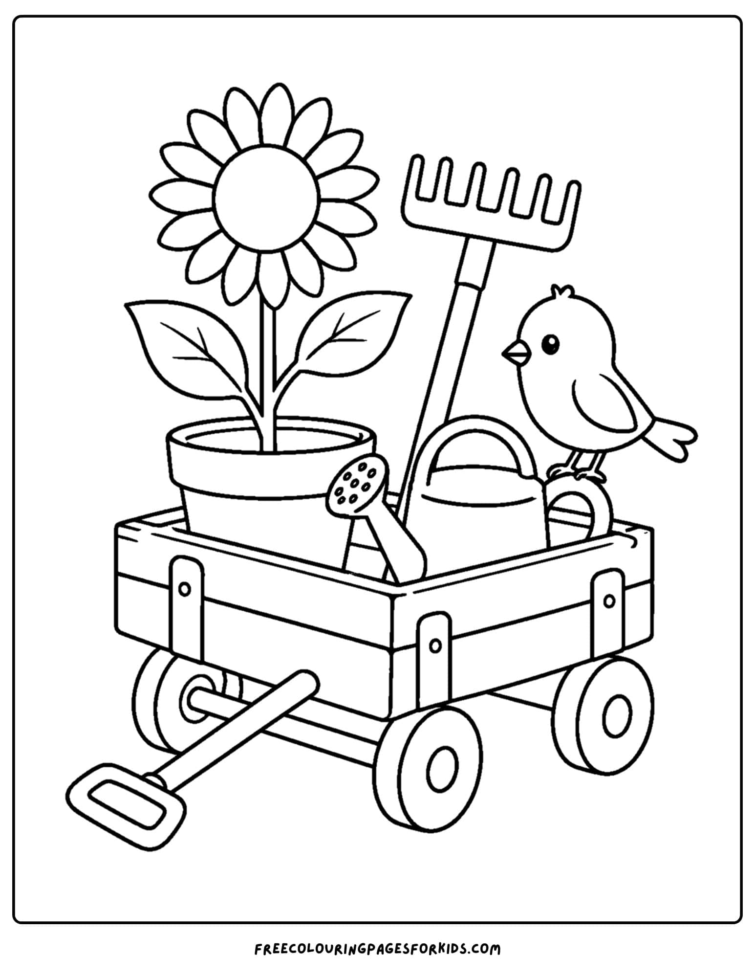 a coloring page of a sunflower in a pot in a garden wagon with garden tools