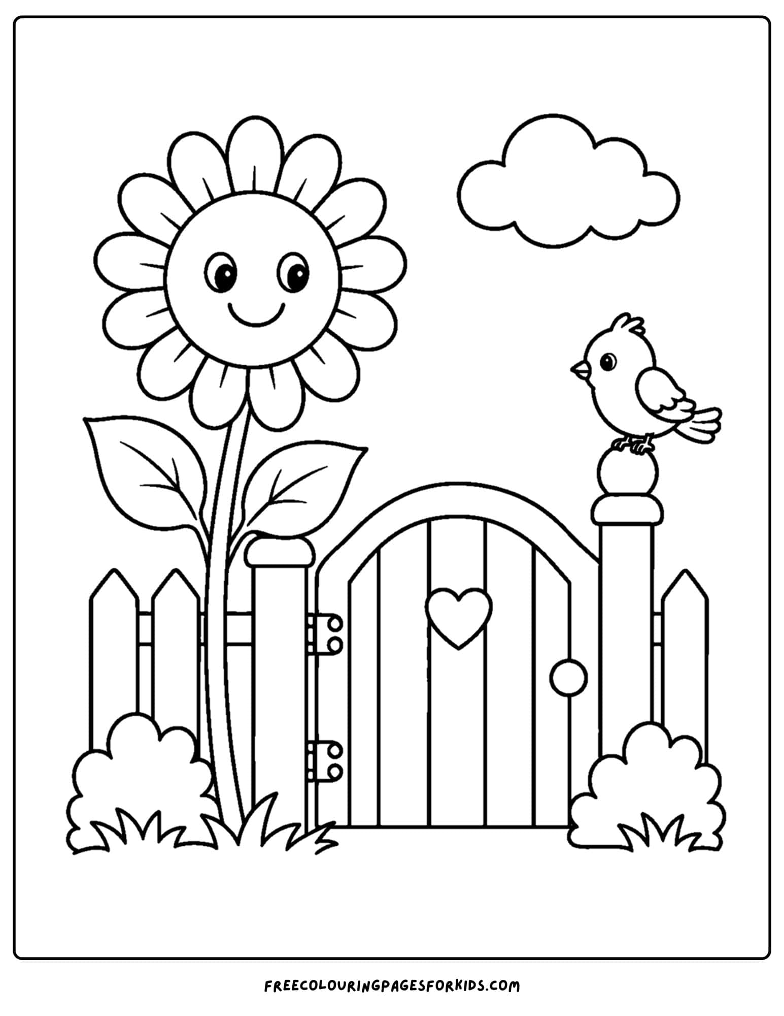 a coloring page of a sunflower growing next to a garden gate