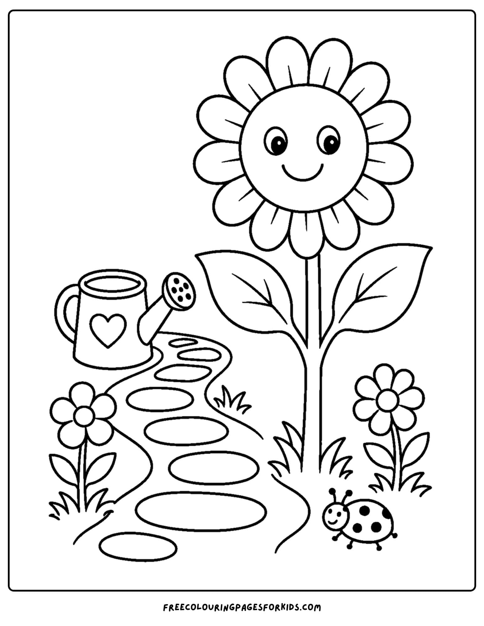 a coloring page of a sunflower growing next to a garden path