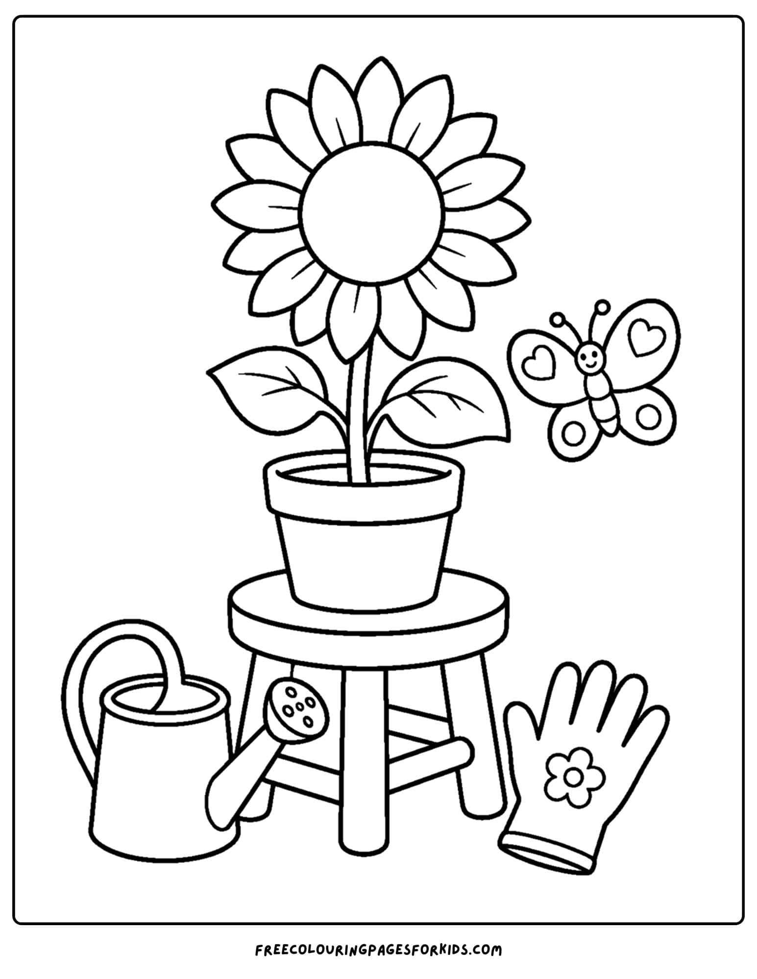 a coloring page of a sunflower in a pot set down on a stool