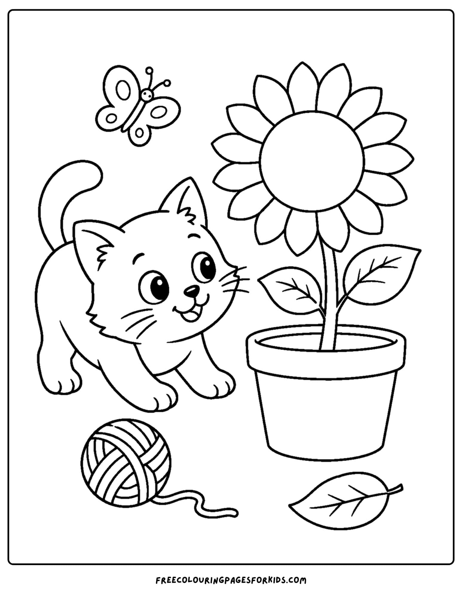 a coloring page of a sunflower next to a kitten and a ball of yarn