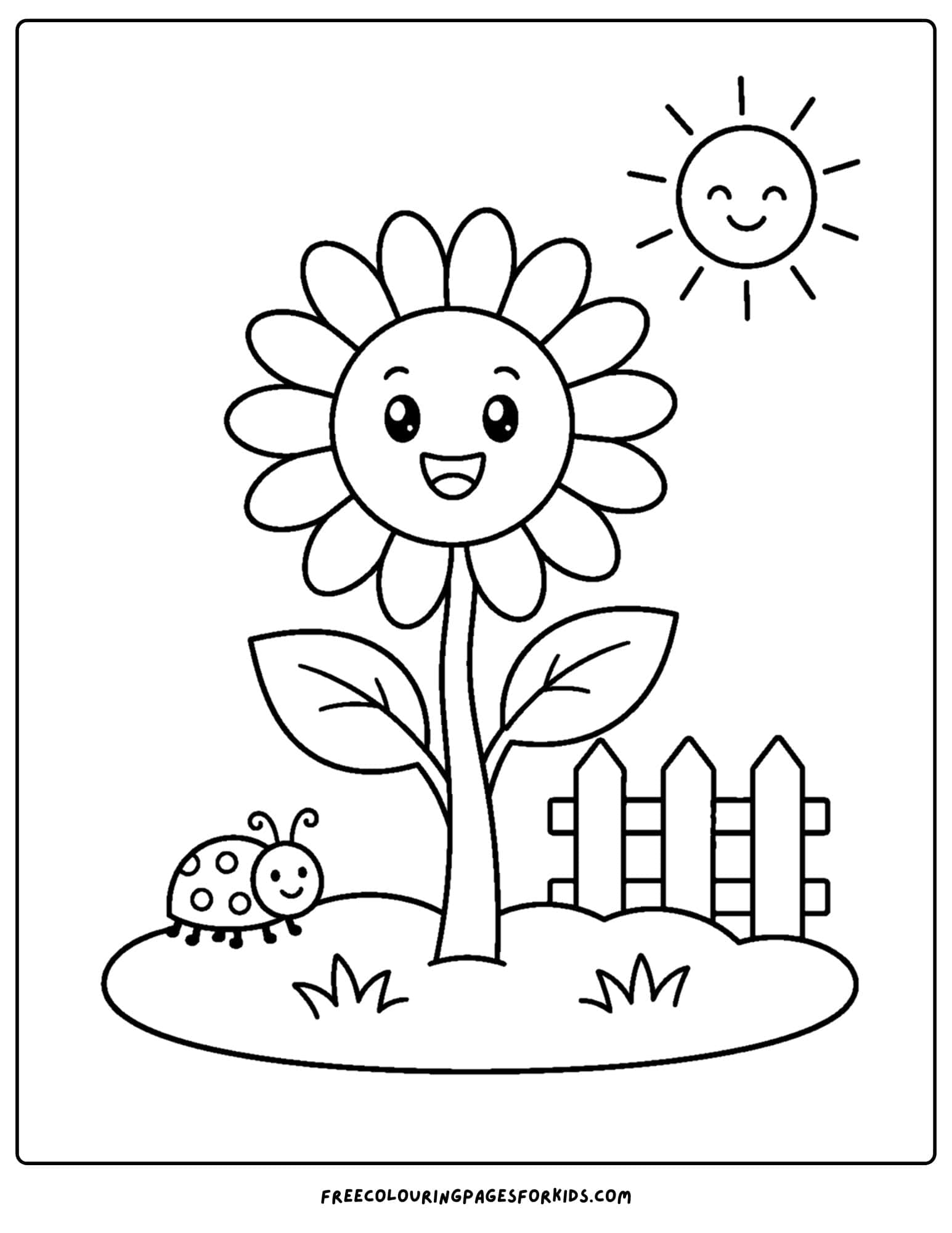 a coloring page of a sunflower growing big and tall in a garden next to a ladybug
