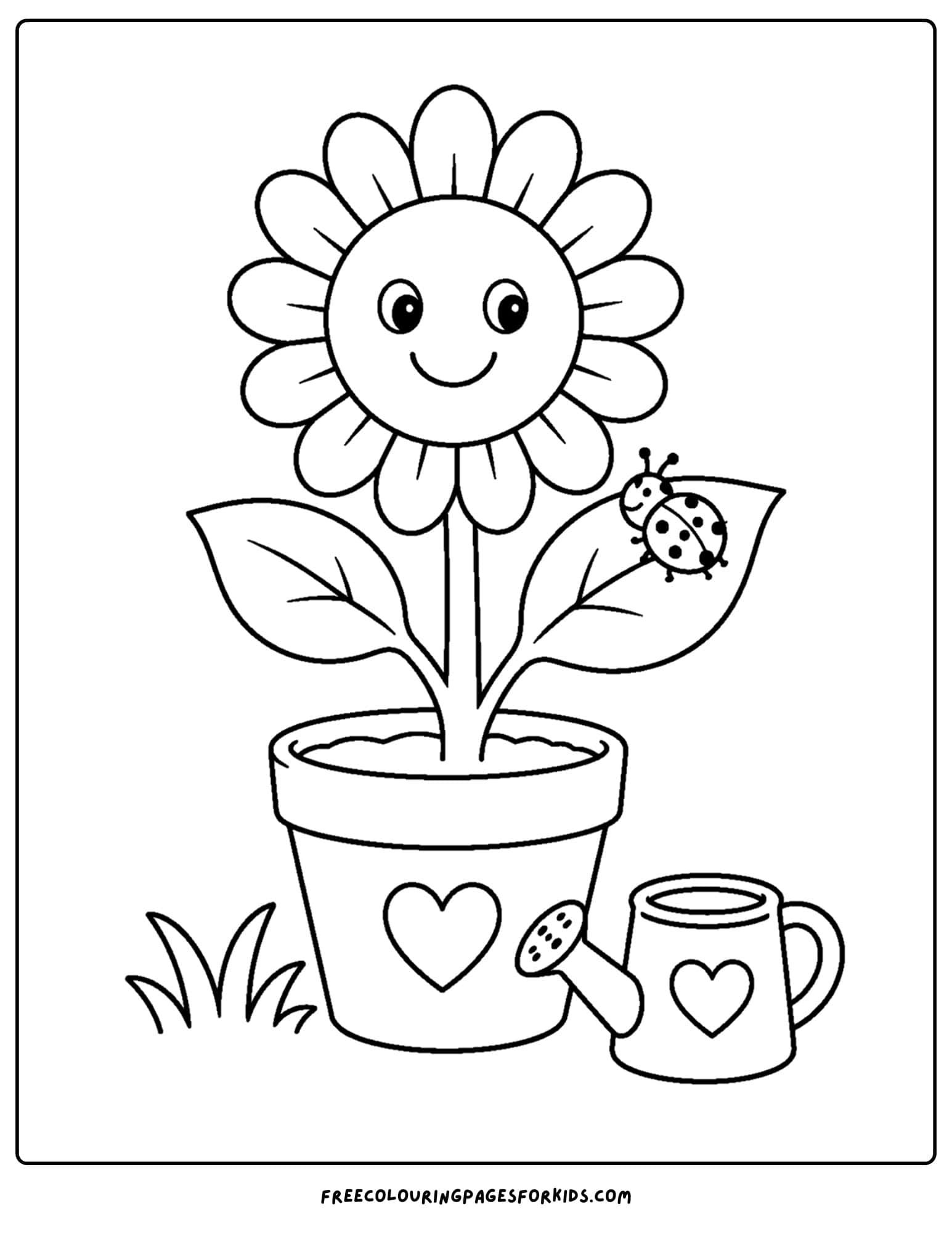a coloring page of a sunflower with a watering can and ladybug