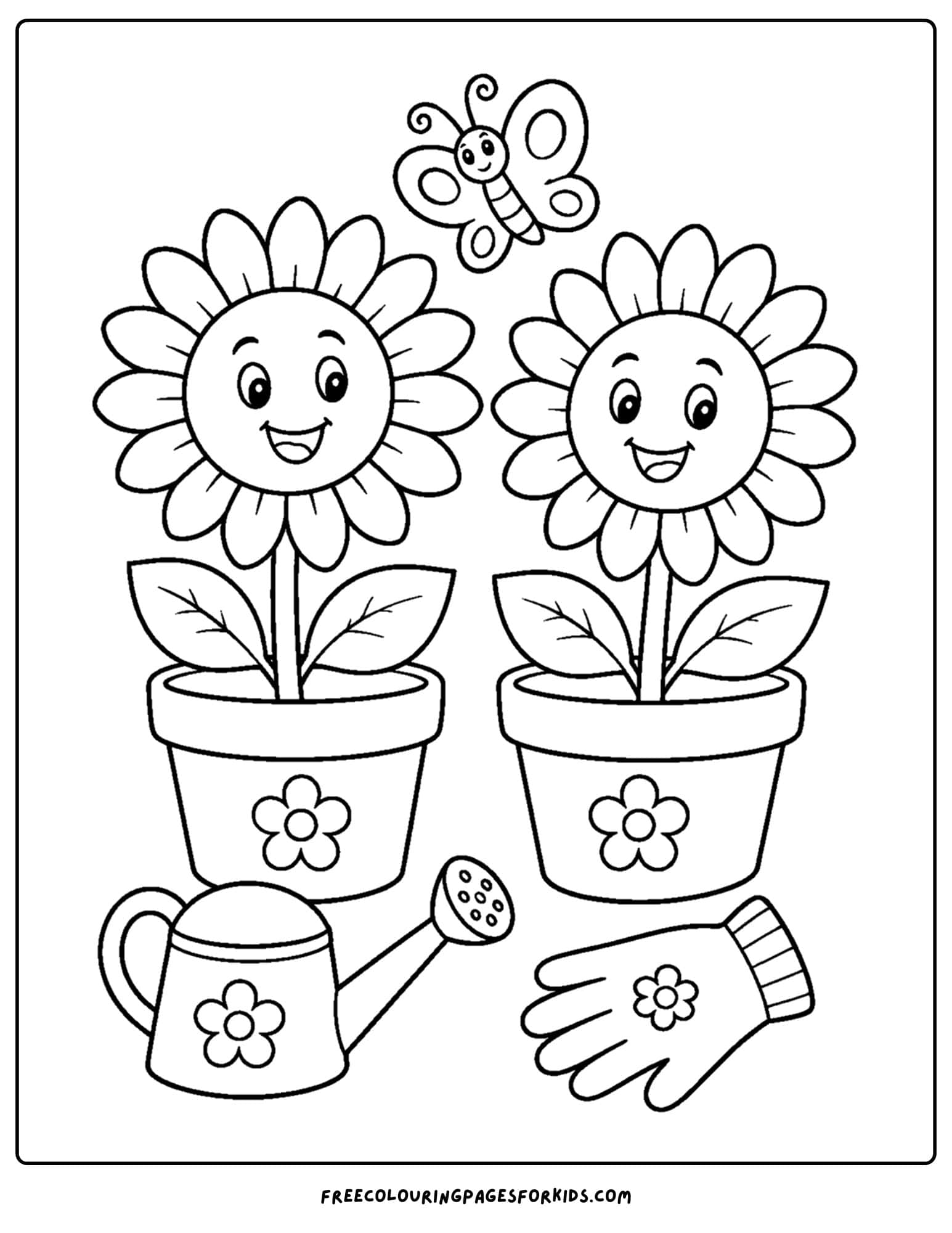 a coloring page of a pair of sunflowers in pots with garden tools