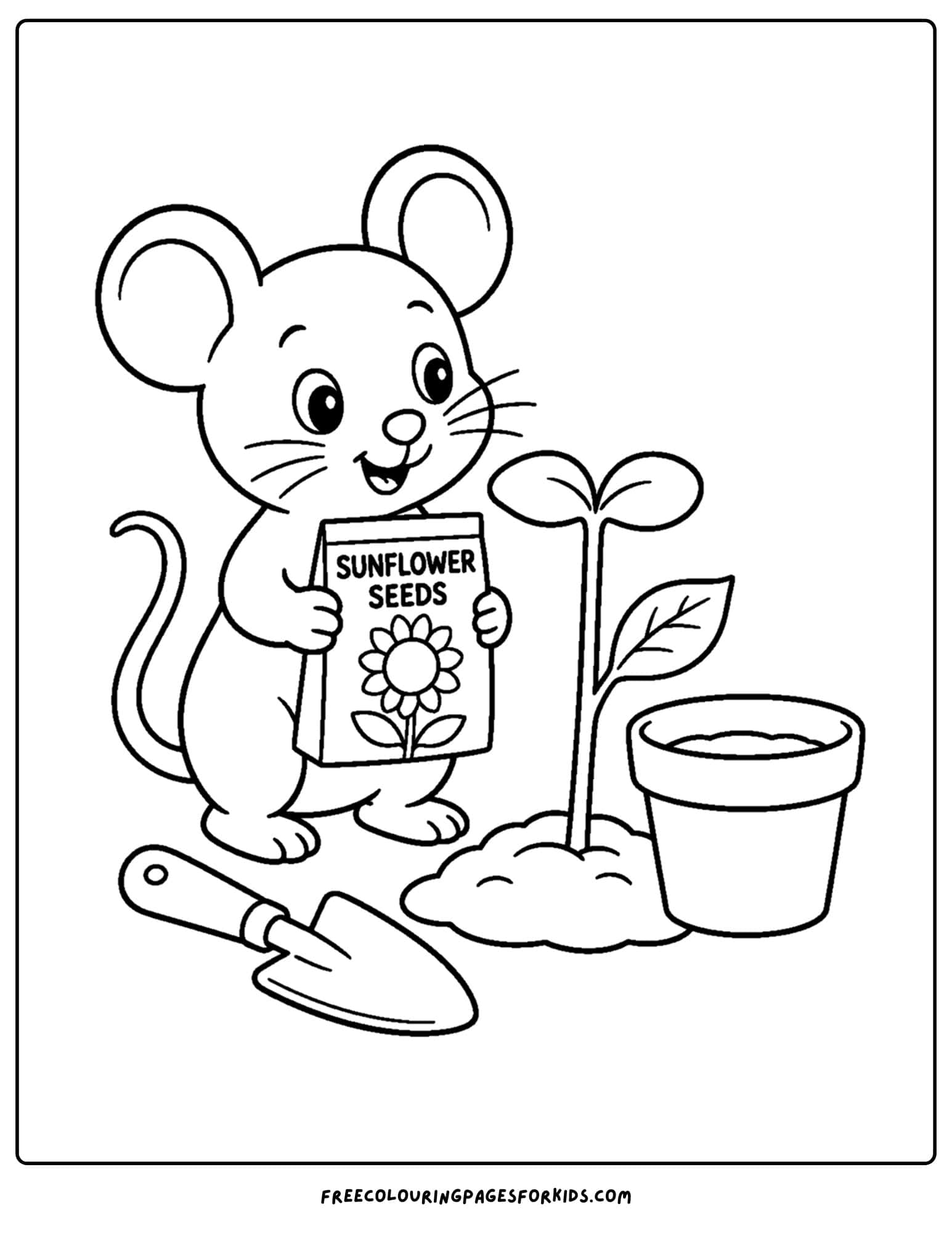 a coloring page of a sunflower seed packet held by a mouse