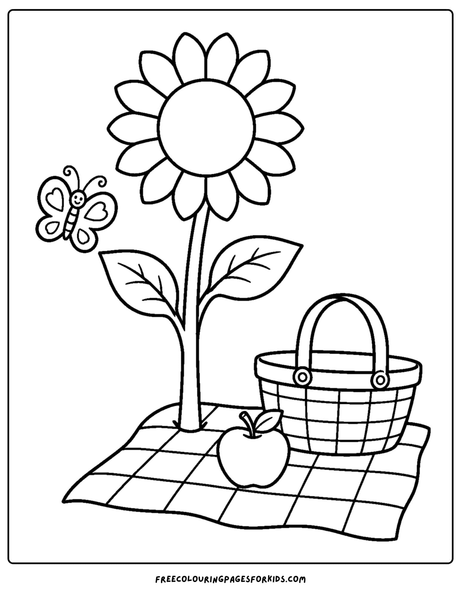 a coloring page of a sunflower next to a picnic basket