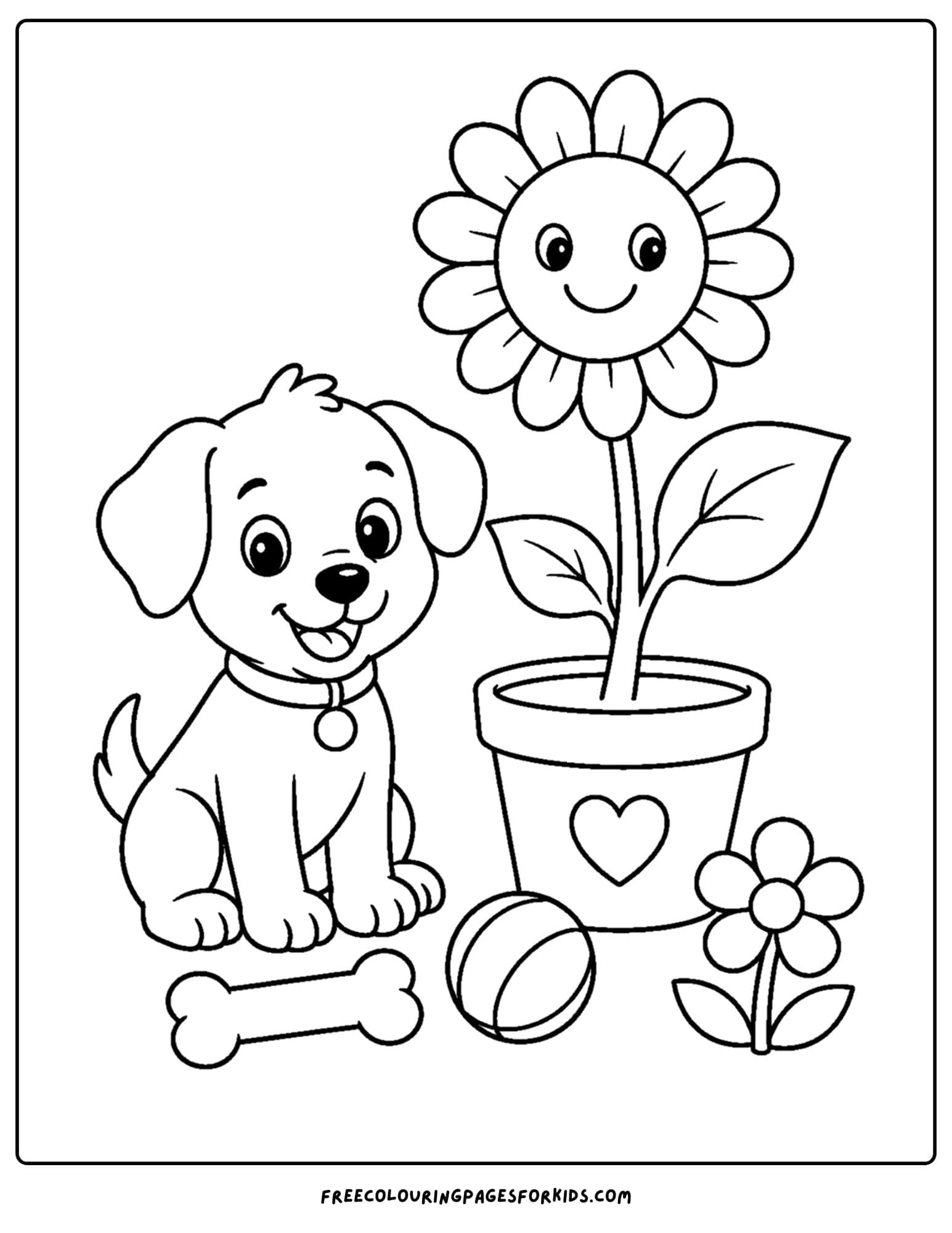 a coloring page of a sunflower in a pot next to a puppy