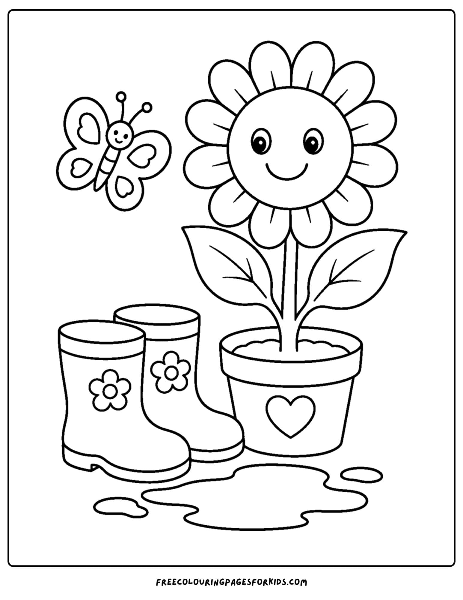 a coloring page of a sunflower in a pot next to rain boots