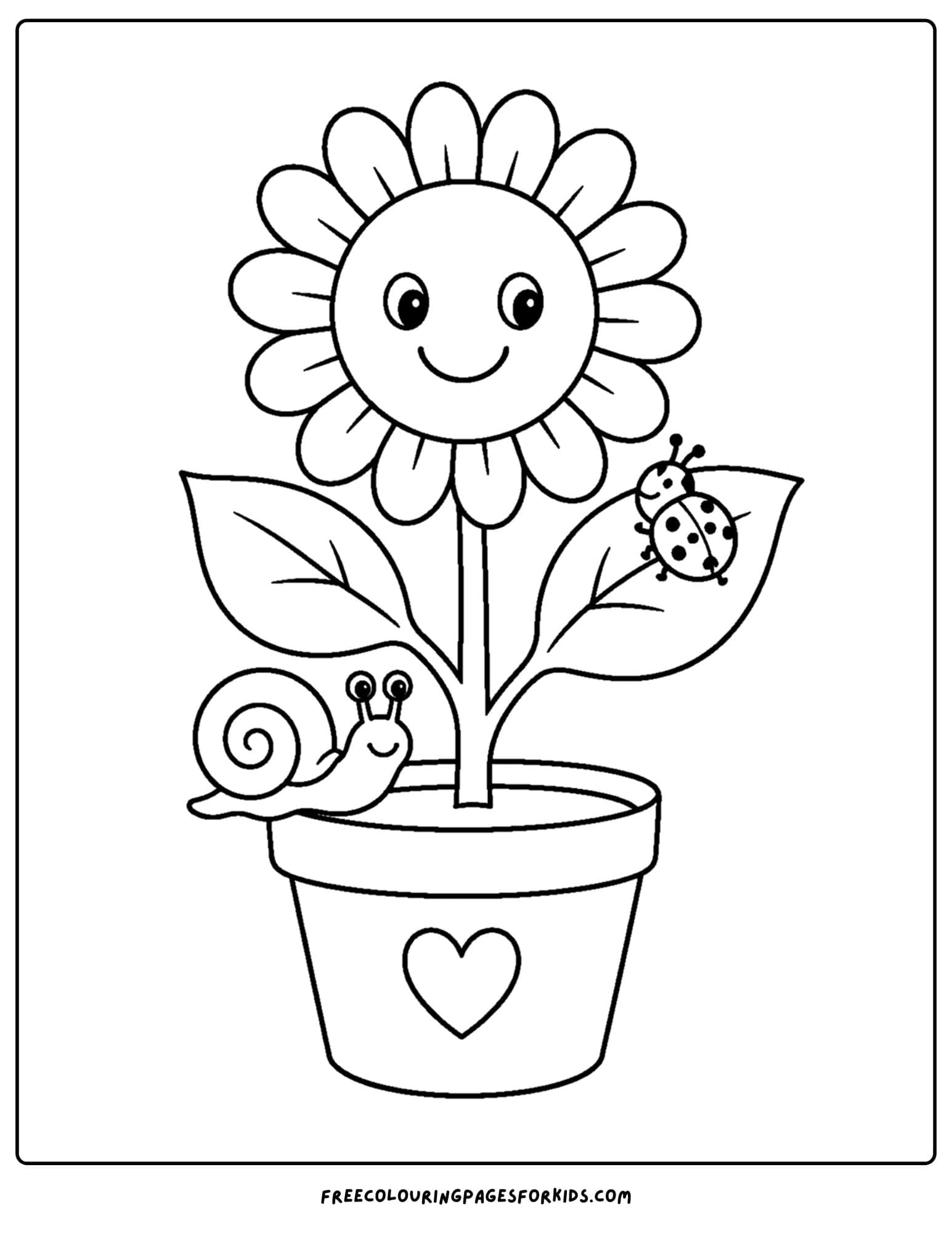 a coloring page of a sunflower with a snail and a ladybug